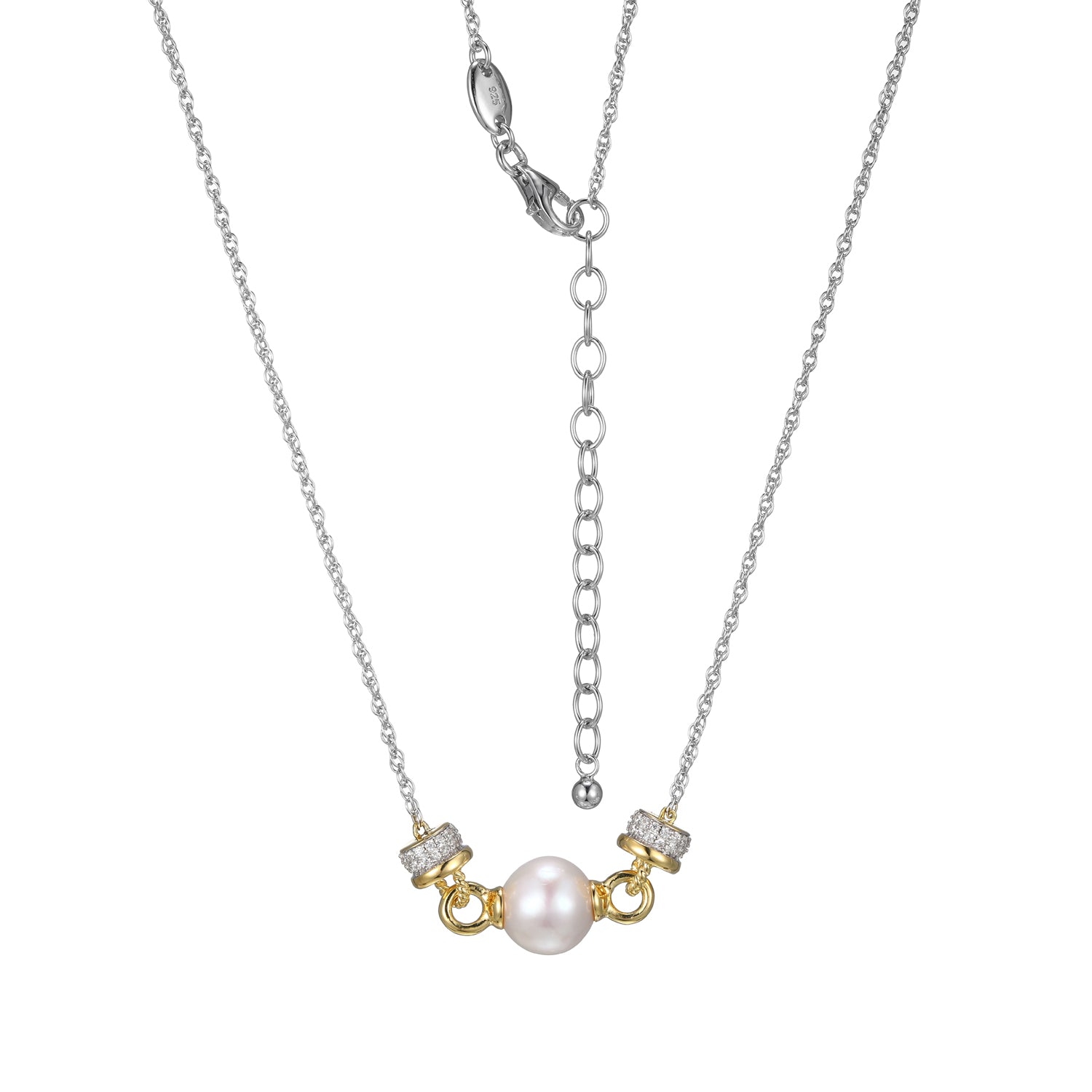 This Necklace From The Pearl Collection Captivates With Its Genuine Freshwater Pearl And Shimmering Cubic Zirconia. Crafted From Sterling Silver With Rhodium And Yellow Gold Finish, It Features A 17â€ Rope Chain With A 2â€ Extender, Ensuring A Perfect F