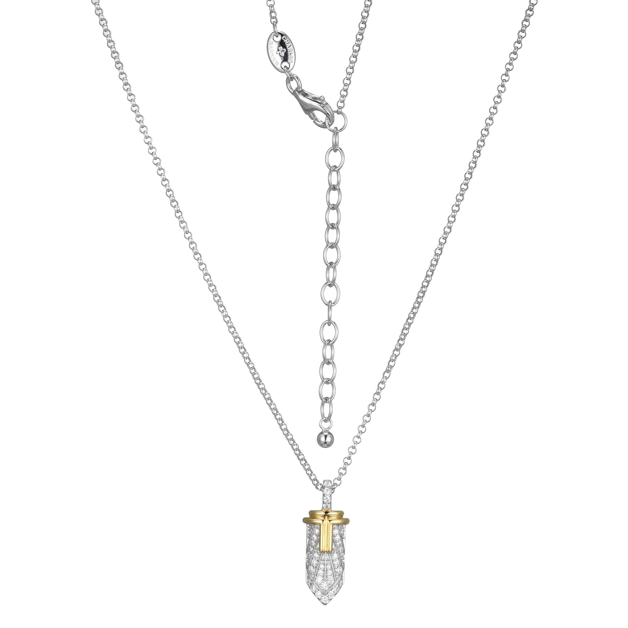This Necklace From Charles Garnier's Art Deco Collection Features An Exquisite Combination Of Sterling Silver With Rhodium And Yellow Gold Finish. The 17â€ Rolo Chain With A 2â€ Extender Offers Versatile Length Options.