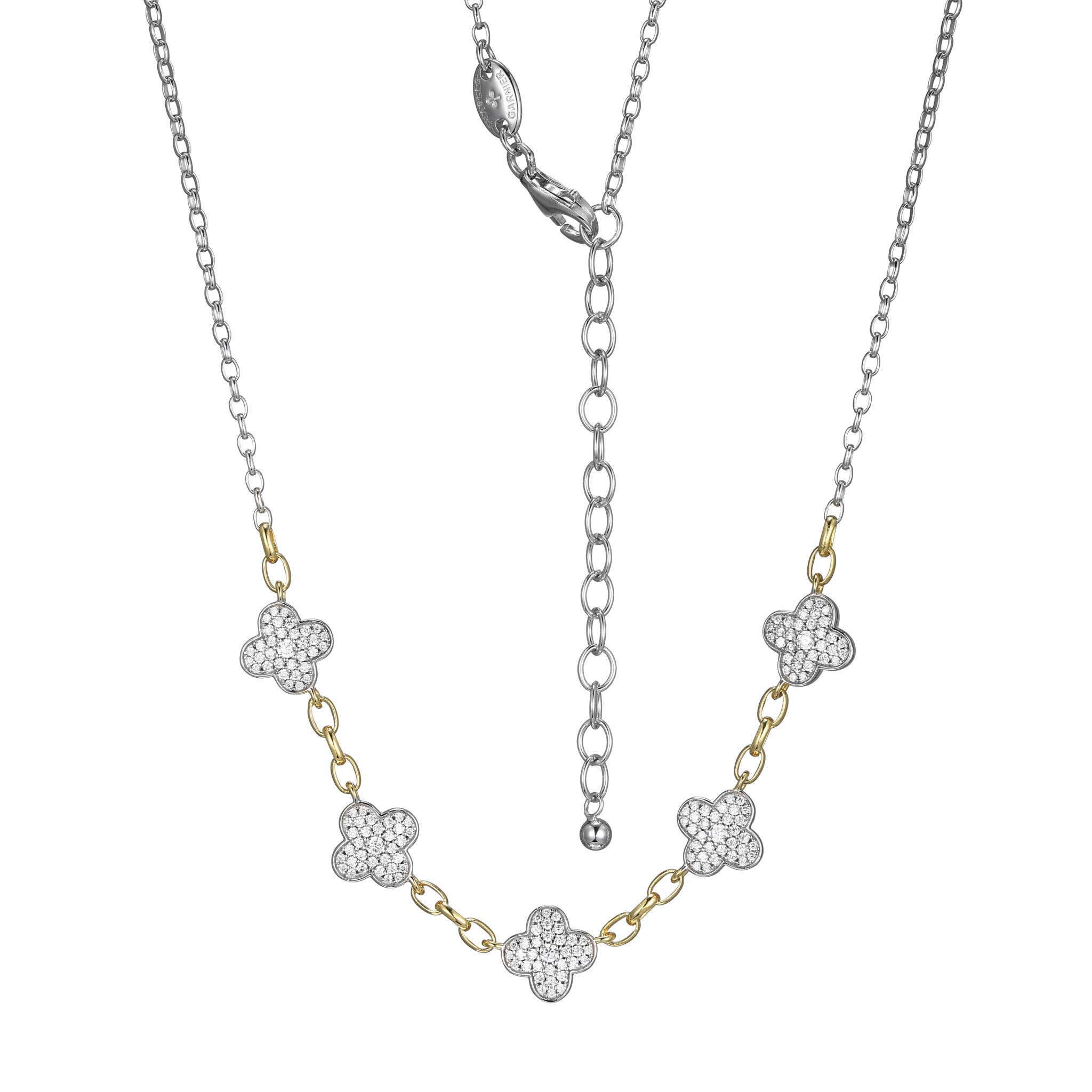Enhance Your Style With This Necklace From Charles Garnier's Trãˆfle Collection, Featuring Sparkling Cubic Zirconia Set In Sterling Silver With Rhodium And Yellow Gold Finish. The 17â€ Rolo Chain With A 2â€ Extender Ensures A Perfect Fit.