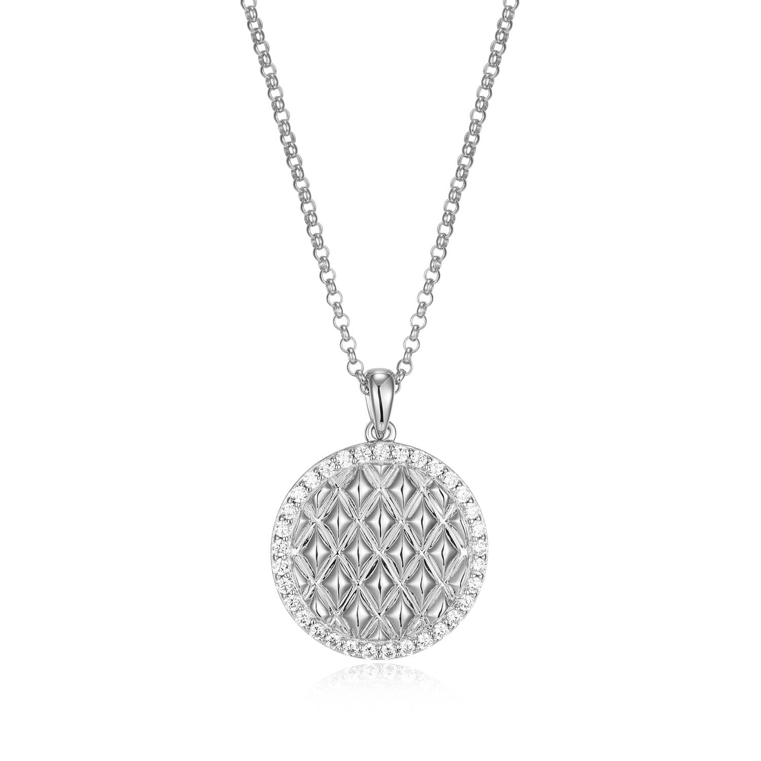 Sterling Silver Charles Garnier "quilted" Rhodium Plated Cz Necklace On 17" + 2" Extension Rolo Chain