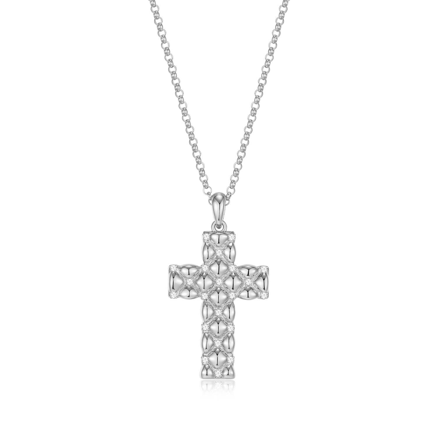 Sterling Silver Charles Garnier "quilted" Rhodium Plated Cz Necklace On 17" + 2" Extension Rolo Chain