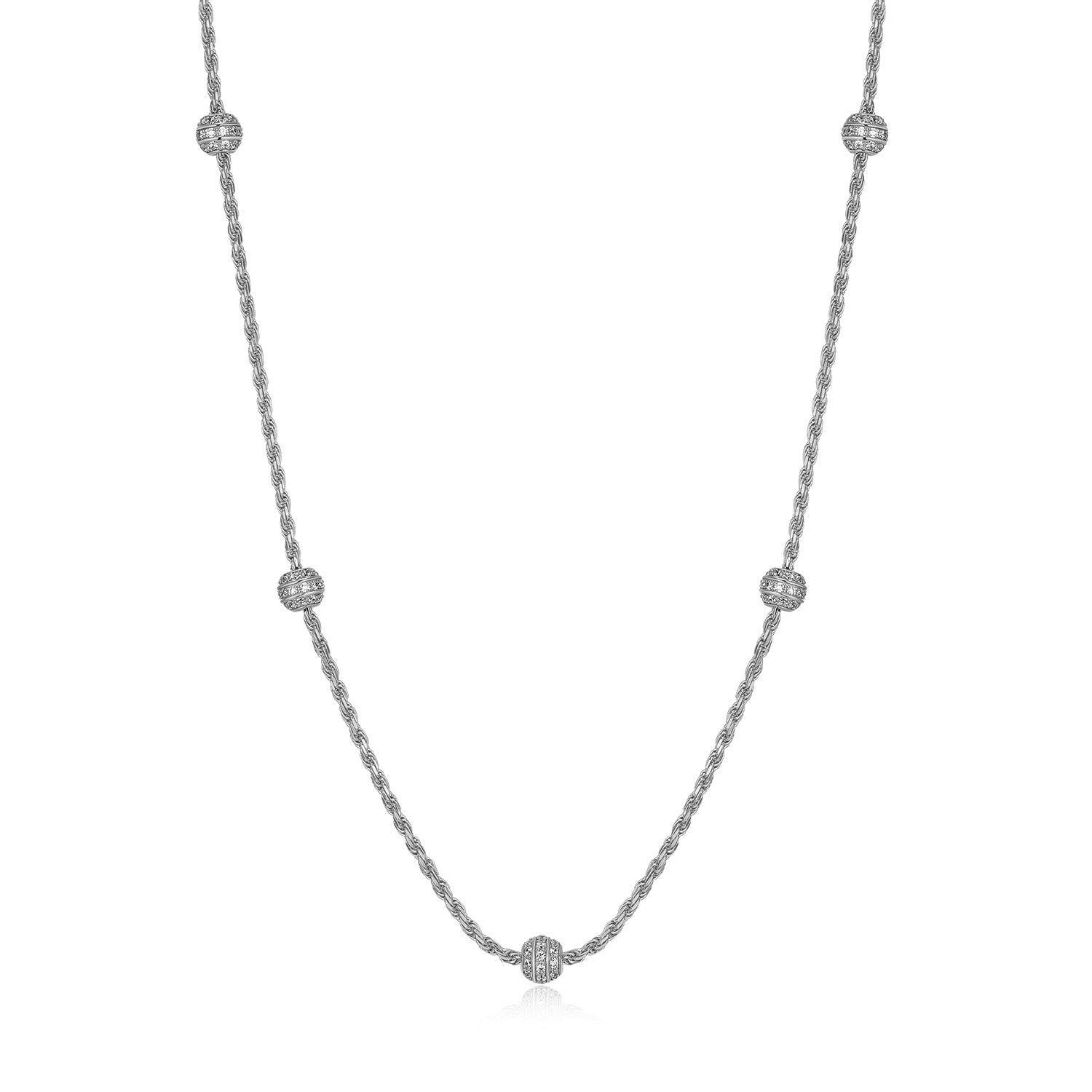 Sterling Silver Charles Garnier "rope" Rhodium Plated Cz Necklace 24" + 2" On Rope Chain
