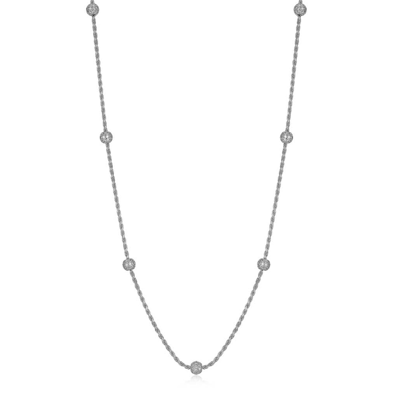 Sterling Silver Charles Garnier "rope" Rhodium Plated Cz Necklace 30" + 3" On Rope Chain