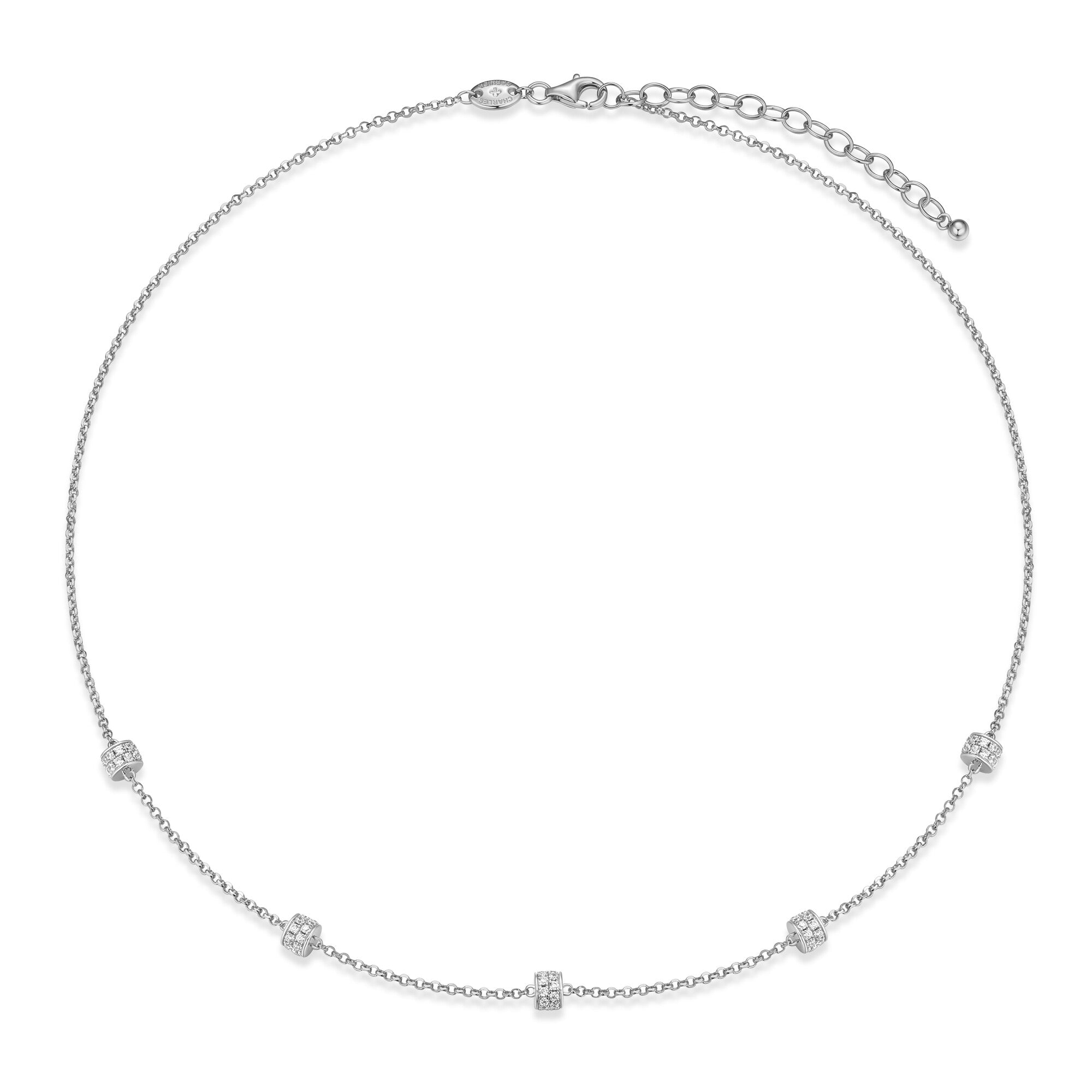 Sterling Silver Rhodium Plated Necklace With White Cz 1.55Mm Faceted Rolo Chain 17" Ext 2"