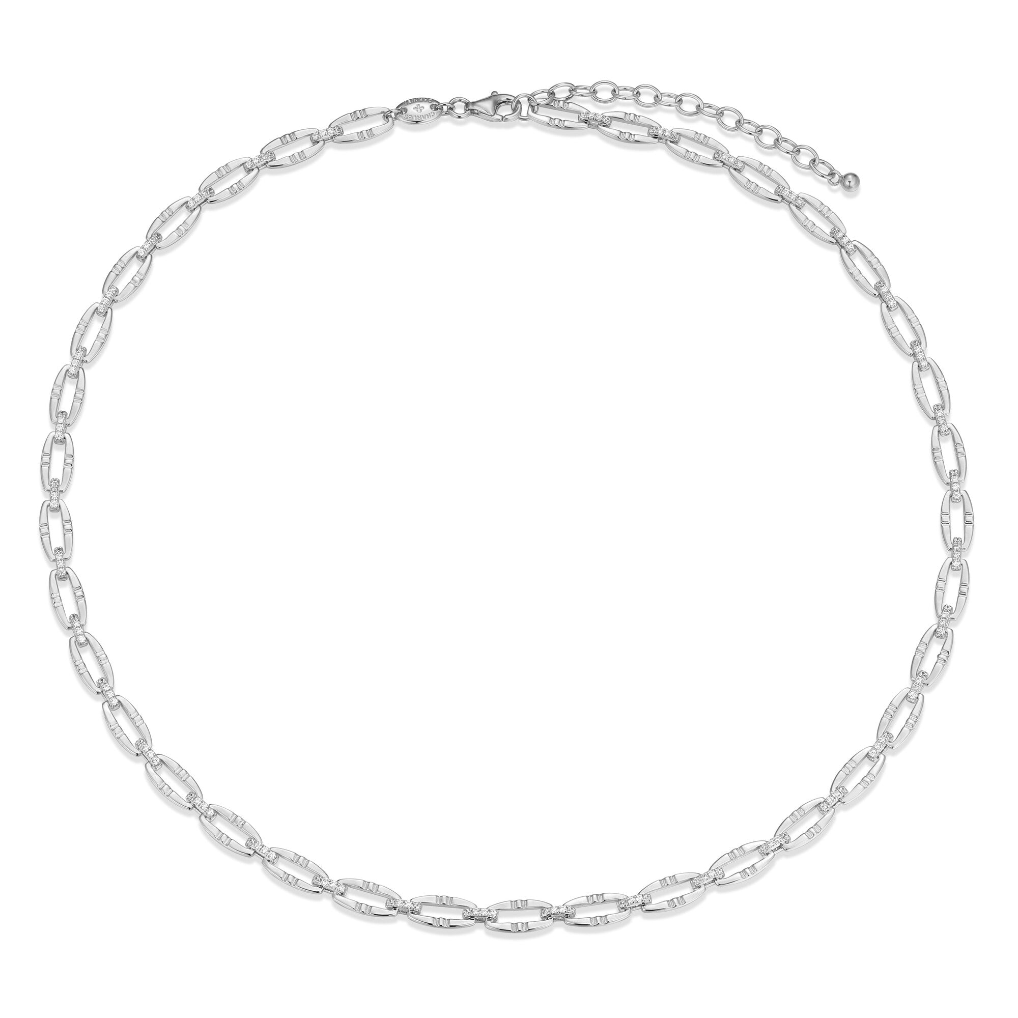 Sterling Silver Rhodium Plated Necklace With White Cz 17" Ext 2"
