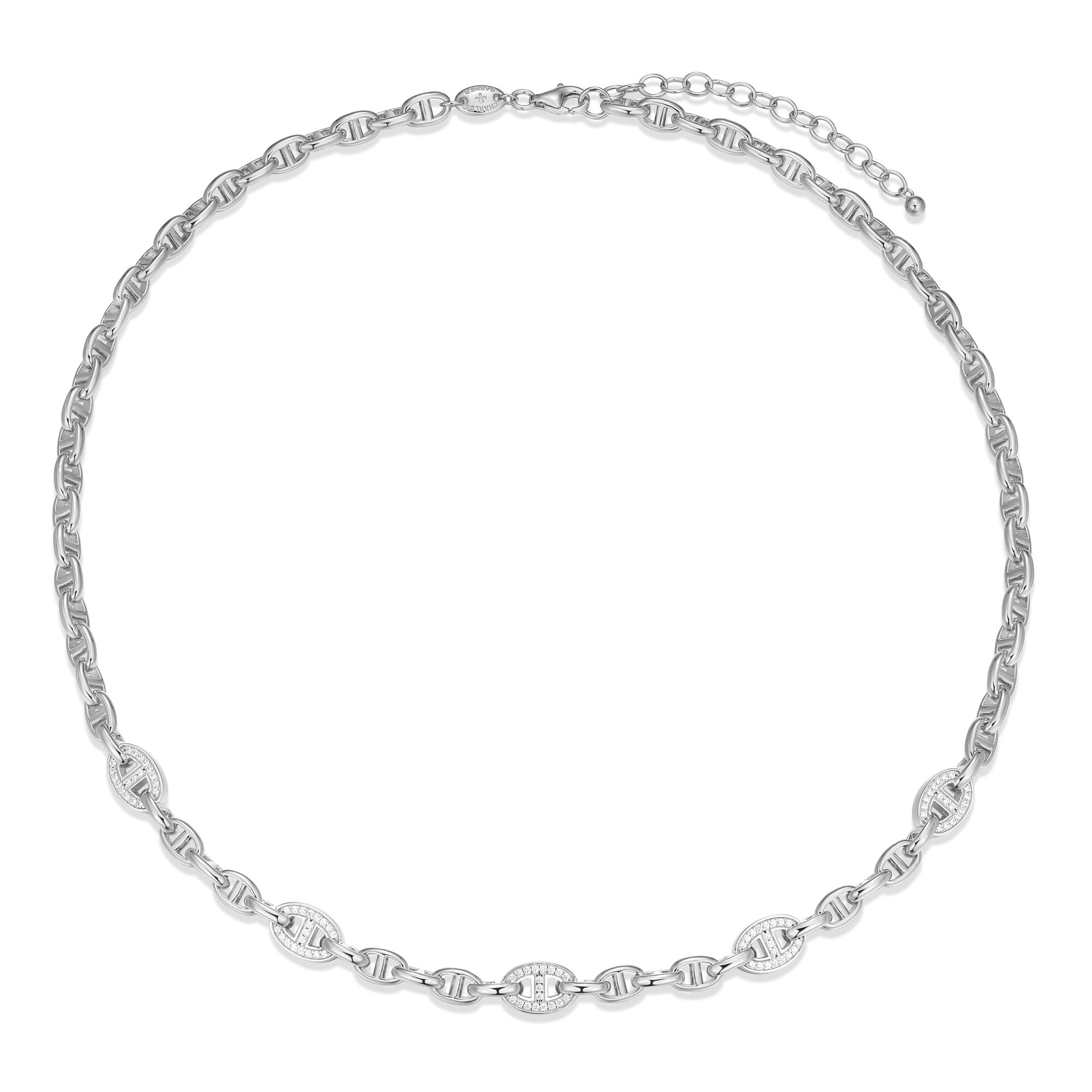 Sterling Silver Rhodium Plated Necklace With White Cz 1.7*5*7.6Mm Marina Cable Chain 17" Ext 2"