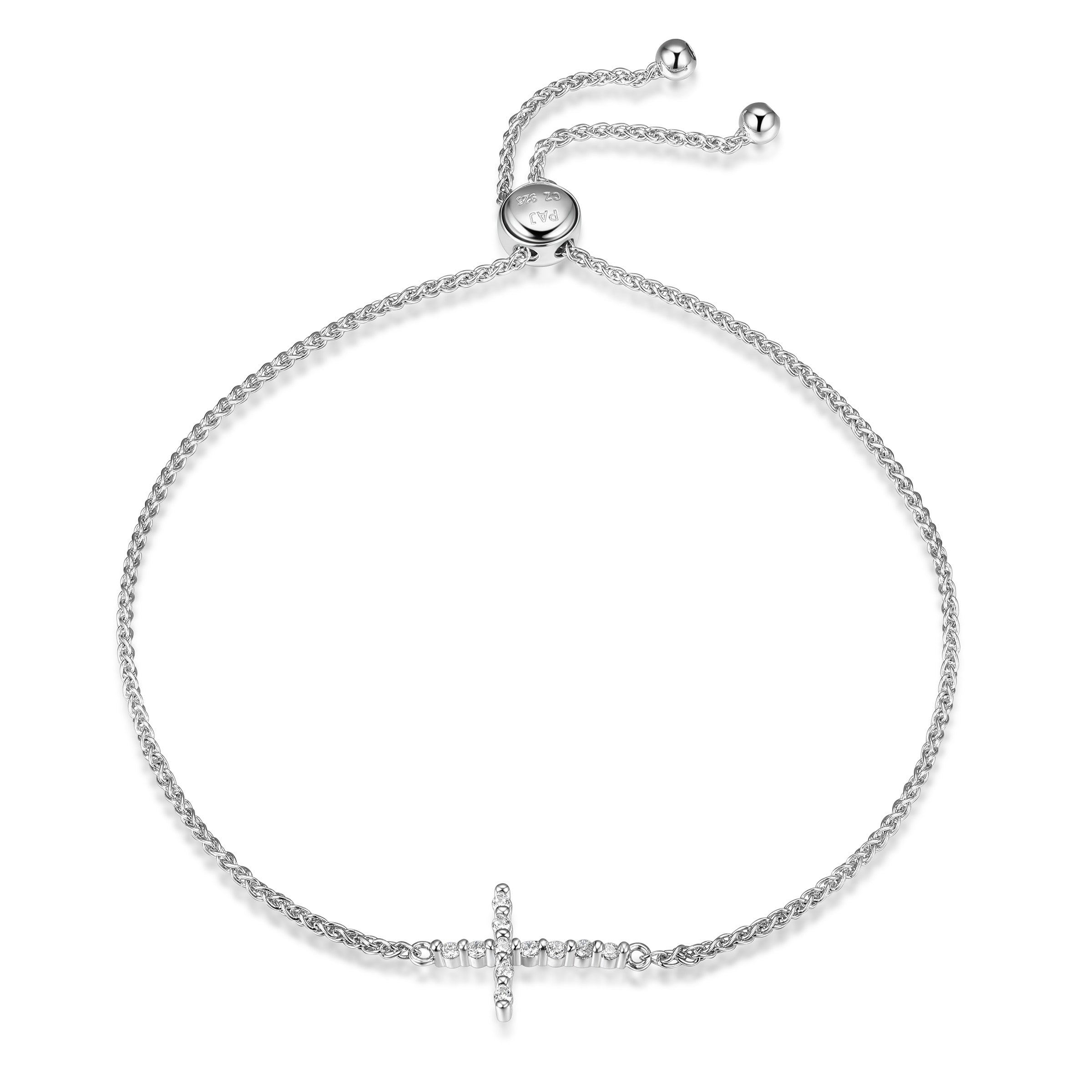 Diamondlite Cz Slim Cross Adjustable Slider Bracelet In Sterling Silver. Up To 9".
