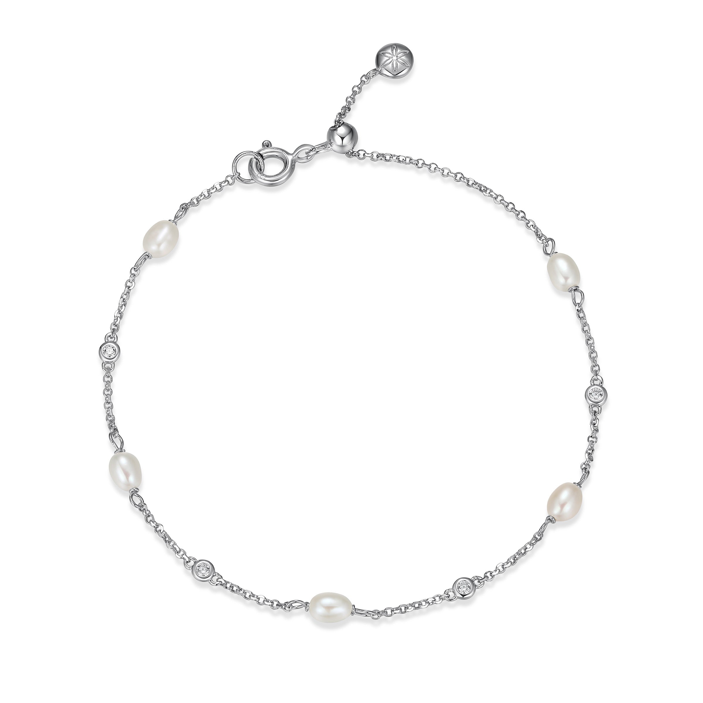 Diamondlite Cz And 6X4Mm Genuine Pearl Adjustable Station Bracelet In Sterling Silver. 8.5".