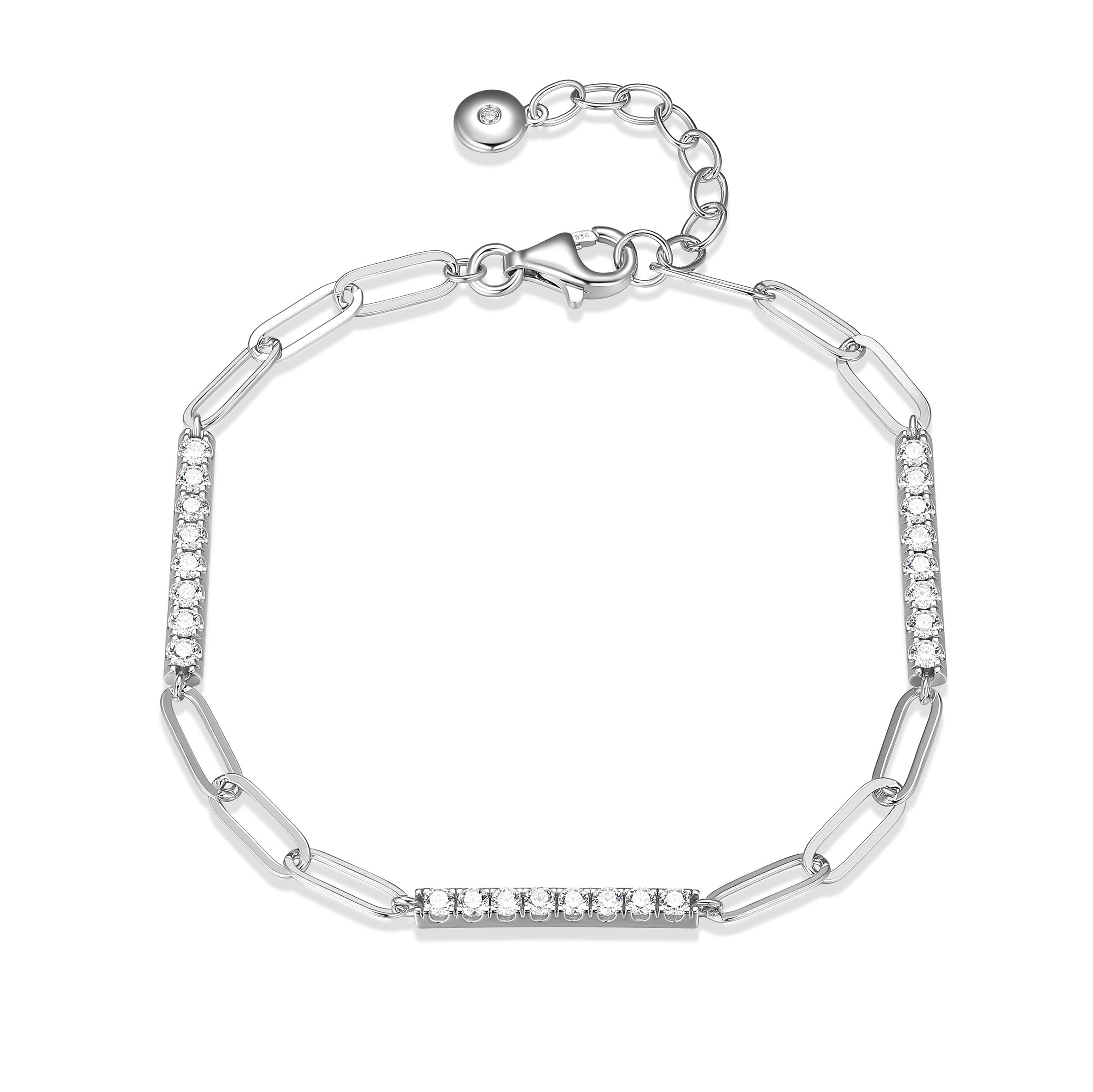 Diamondlite Cz Bar &amp; Paperclip Link Chain Bracelet In Sterling Silver. 6.5+1".