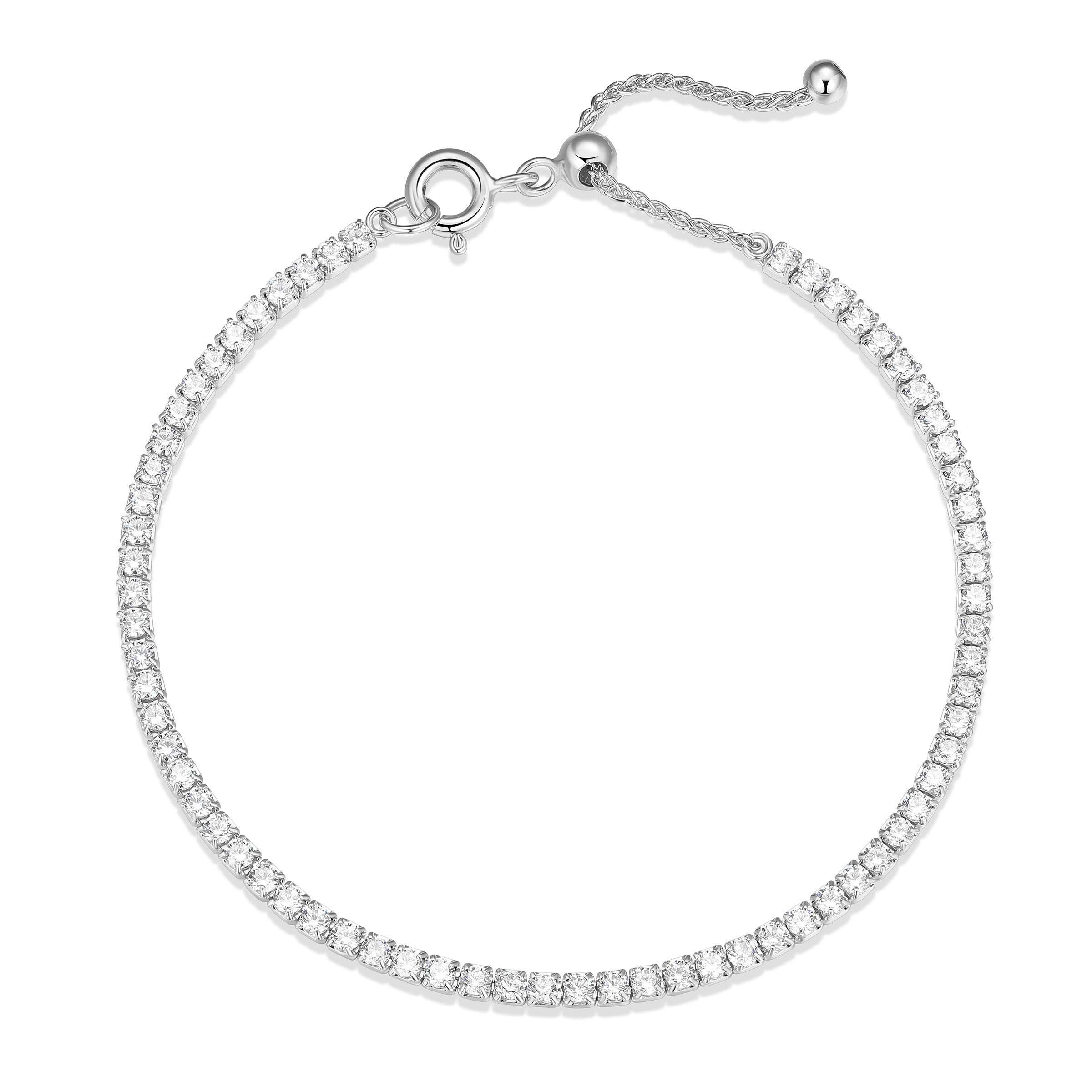 Cubic Zirconia Slim Adjustable Slider Tennis Bracelet In Sterling Silver With Rhodium Plating. Includes Reign Branded Pouch. 8".