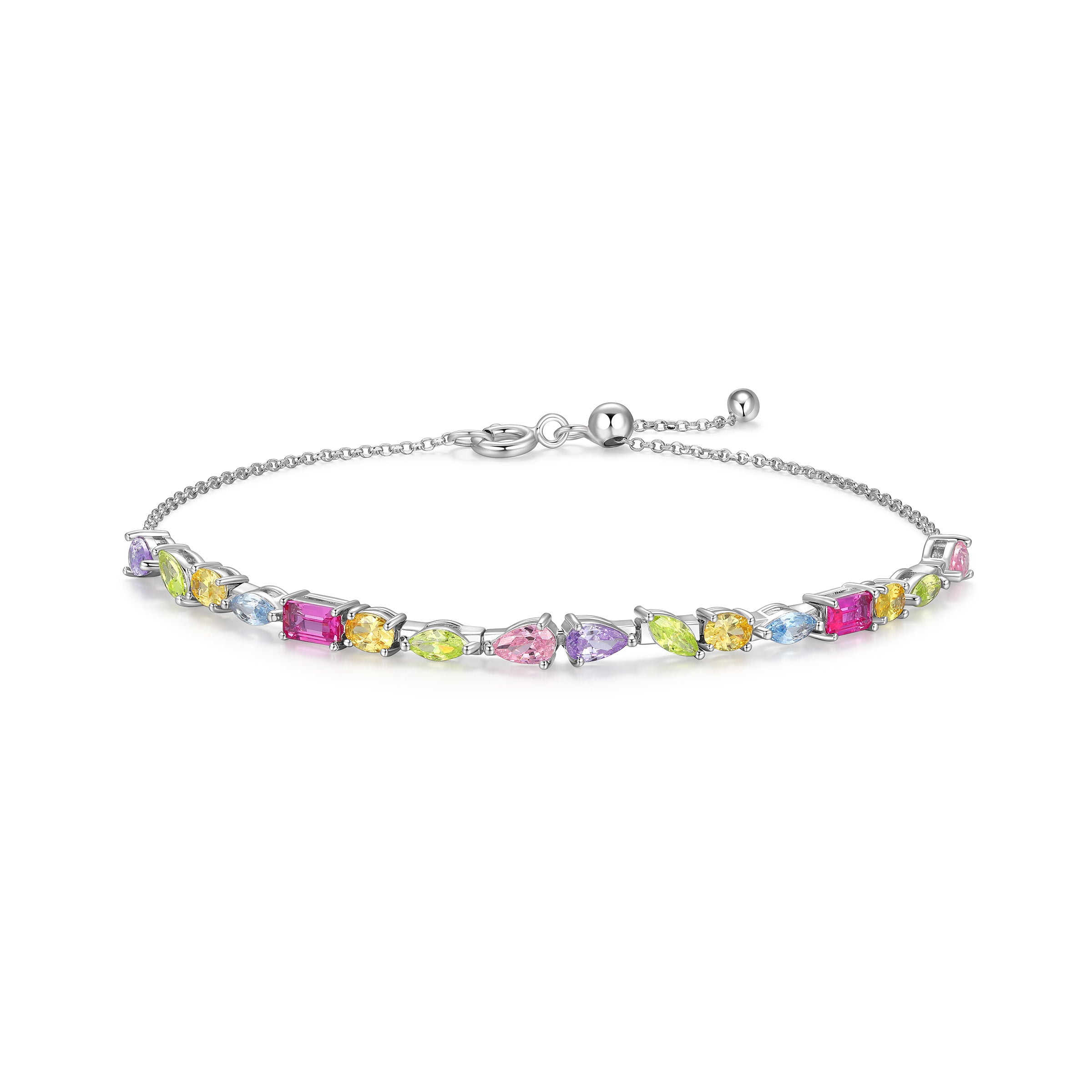 "Happy Colours" Rainbow Multi-Stone  Adjustable Slider Tennis Bracelet In Sterling Silver. 9".
