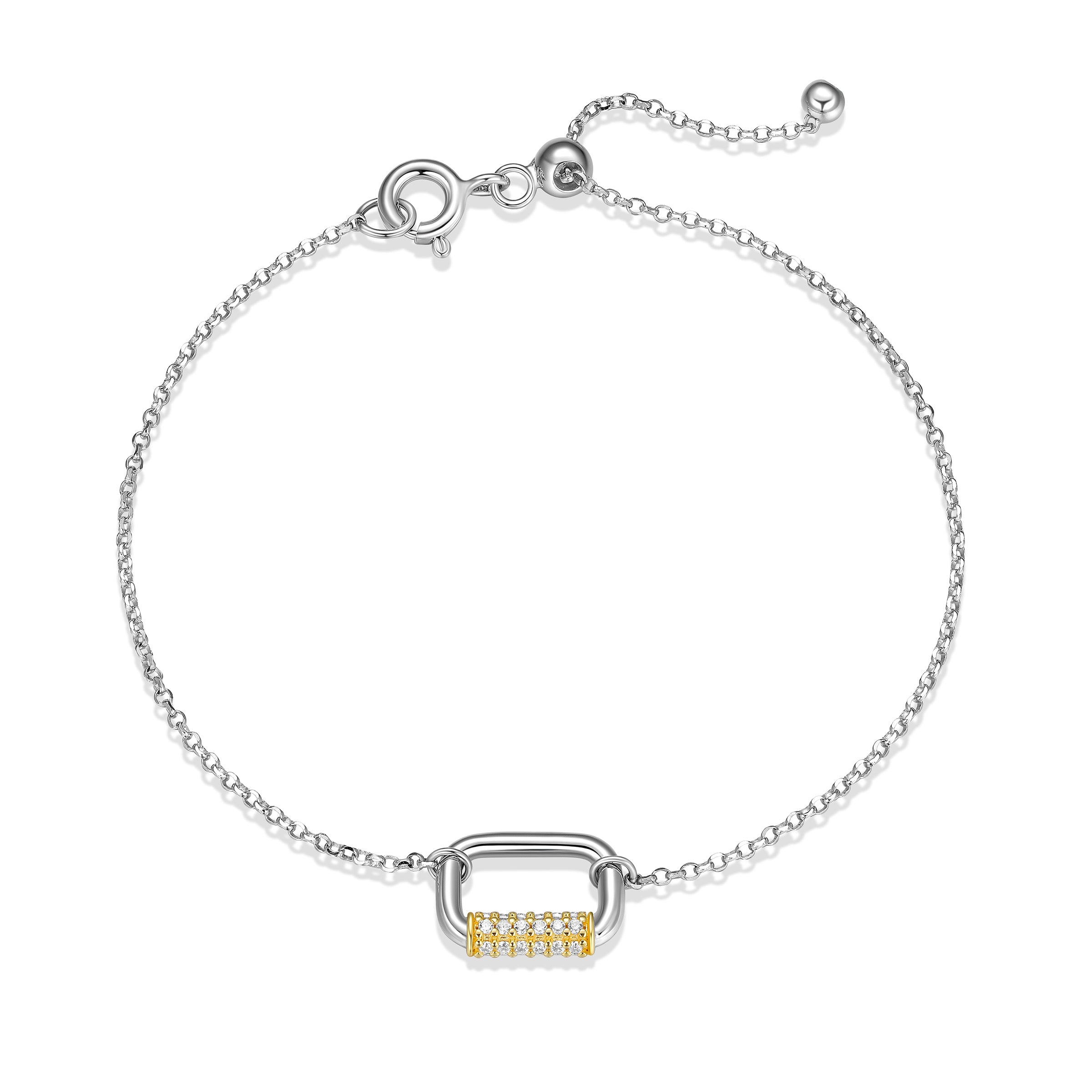 Diamondlite Cz Two-Tone Oblong Link Adjustable Bracelet In Sterling Silver With 18K Gold Plating. 7.5".
