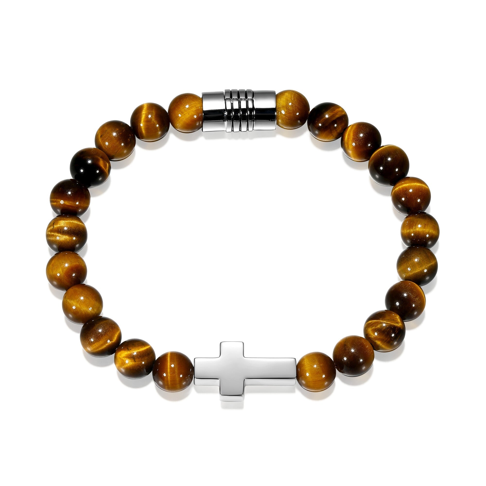 UB0023 - Strata Cross Genuine Tiger Eye Beaded Bracelet  -  7.25"
