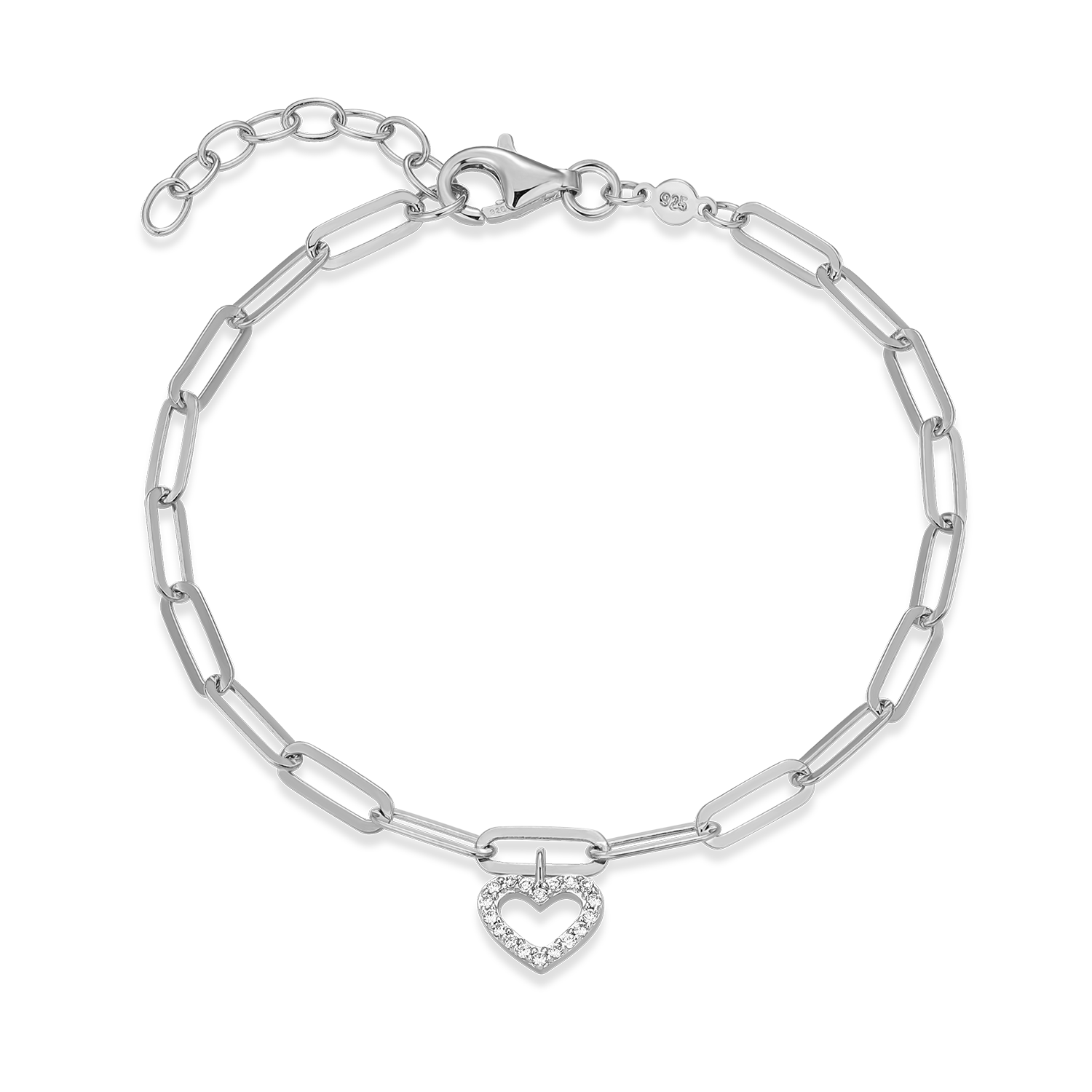 BB0169W - Open Heart Pendant Lab-Created Diamond Paperclip Bracelet in Rhodium-Plated Sterling Silver