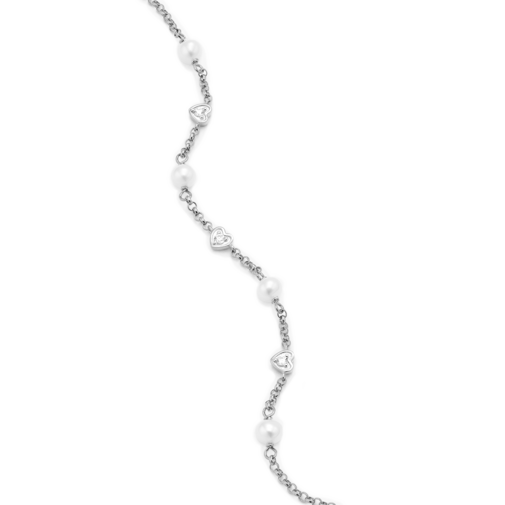 BB0150W - Hearts & Pearls Station Bolo Bracelet in Rhodium-Plated Sterling Silver