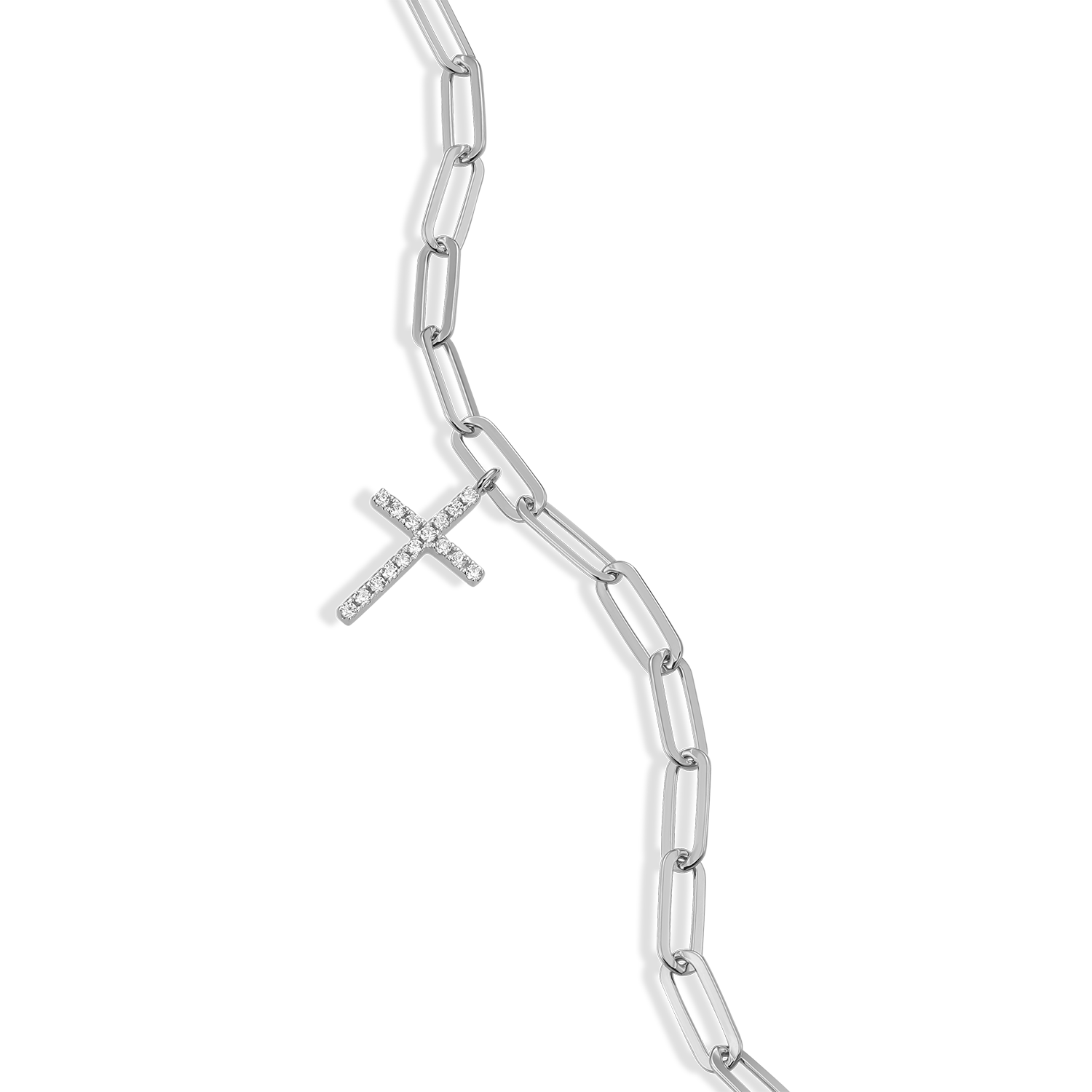 BB0170W - Cross Pendant Lab-Created Diamond Paperclip Bracelet in Rhodium-Plated Sterling Silver