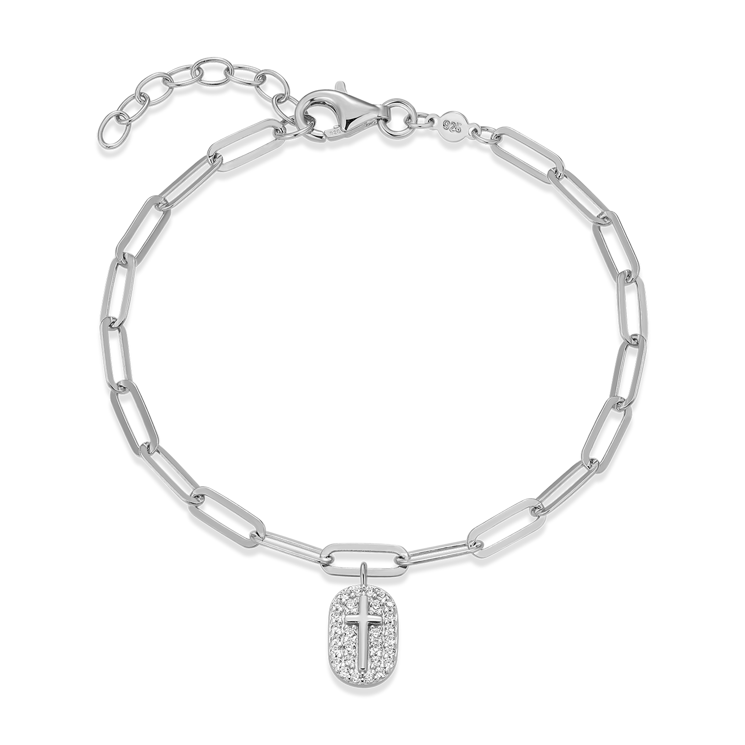 BB0171W - Cross Tag Pendant Lab-Created Diamond Paperclip Bracelet in Rhodium-Plated Sterling Silver