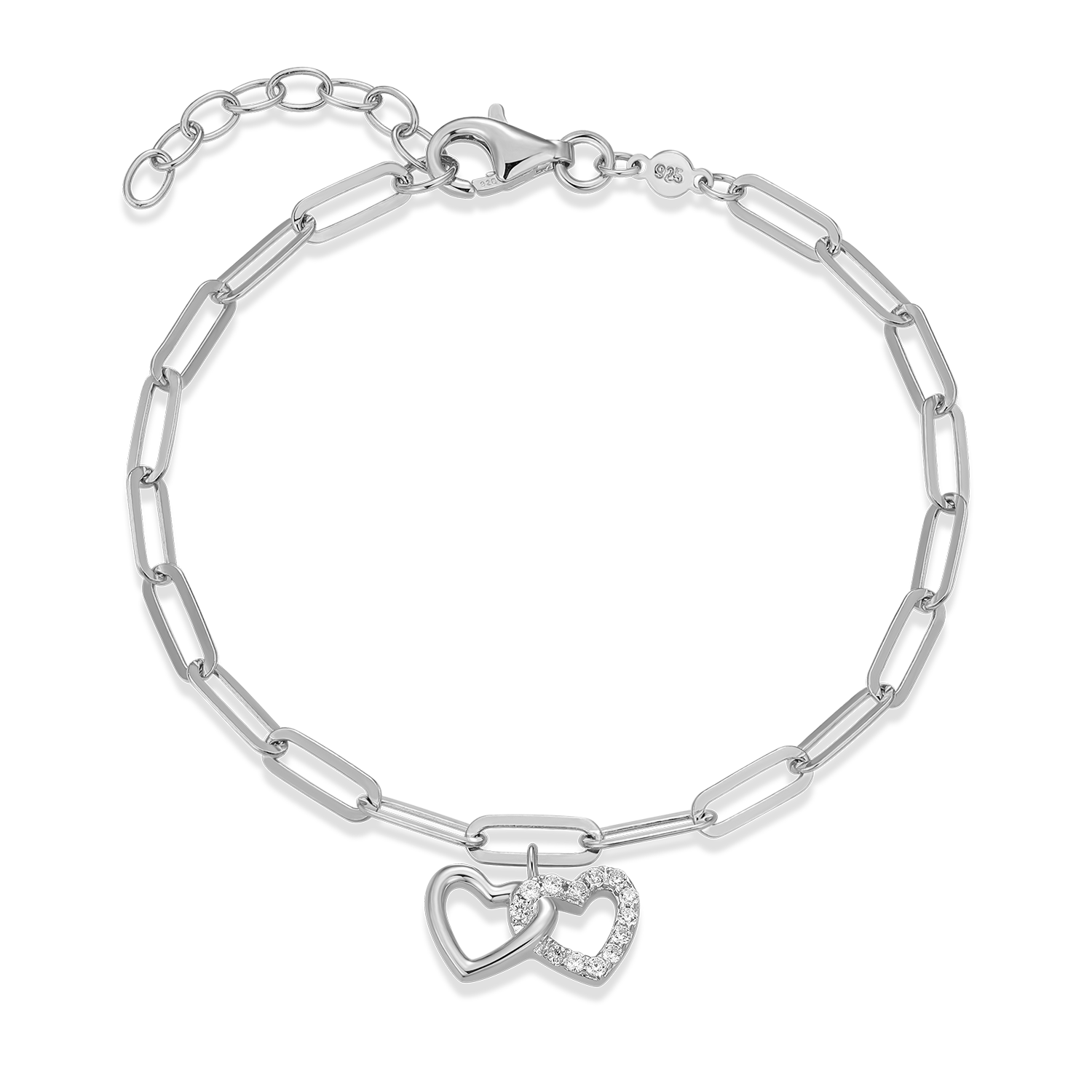 BB0172W - Twin Heart Pendant Lab-Created Diamond Paperclip Bracelet in Rhodium-Plated Sterling Silver