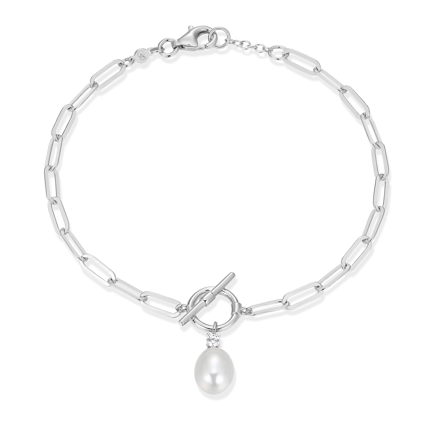 BB0233W - Freshwater Pearl & Lab-Created Diamond Toggle-Look Paperclip Bracelet in Rhodium-Plated Sterling Silver