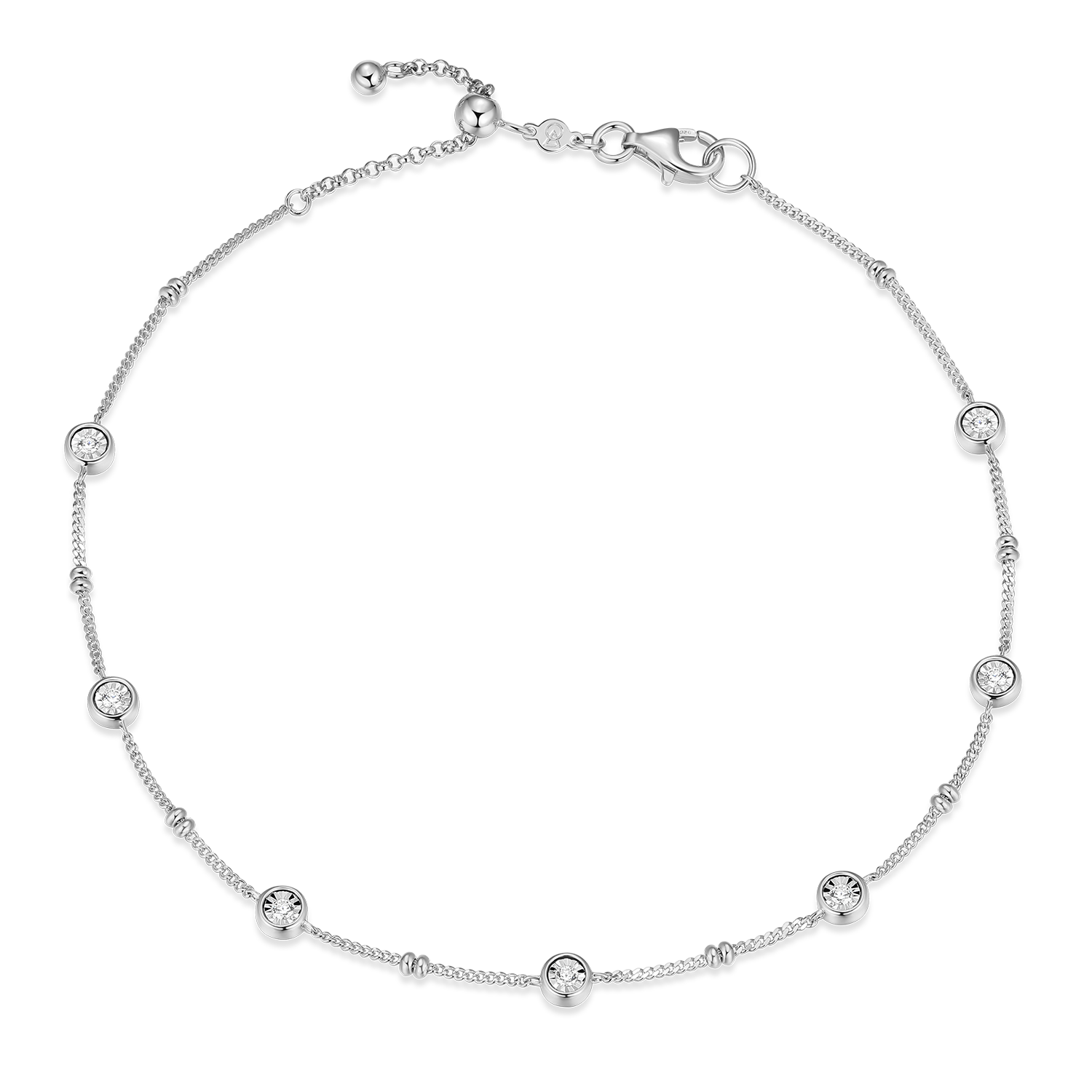 BA0218W - Bezel Station Lab-Created Diamond Beaded Bolo Anklet in Rhodium-Plated Sterling Silver