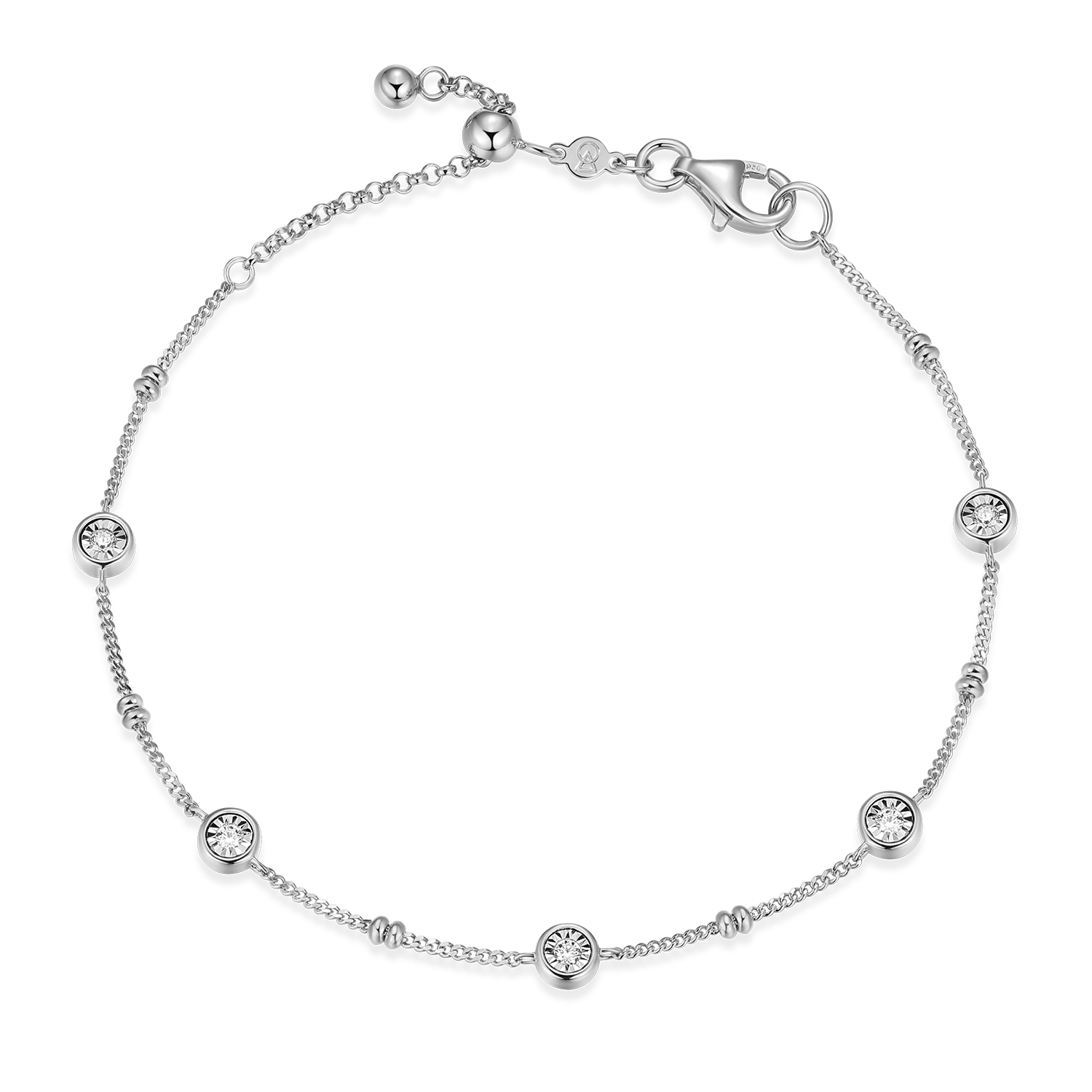 BB0218W - Bezel Station Lab-Created Diamond Beaded Bolo Bracelet in Rhodium-Plated Sterling Silver