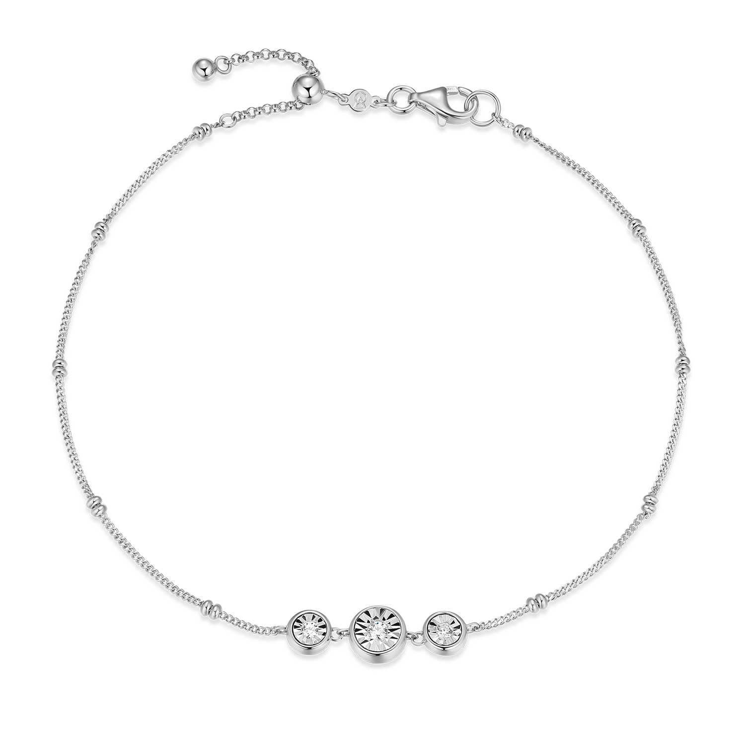 BA0219W - Trio Bezel-Set Lab-Created Diamond Beaded Bolo Anklet in Rhodium-Plated Sterling Silver