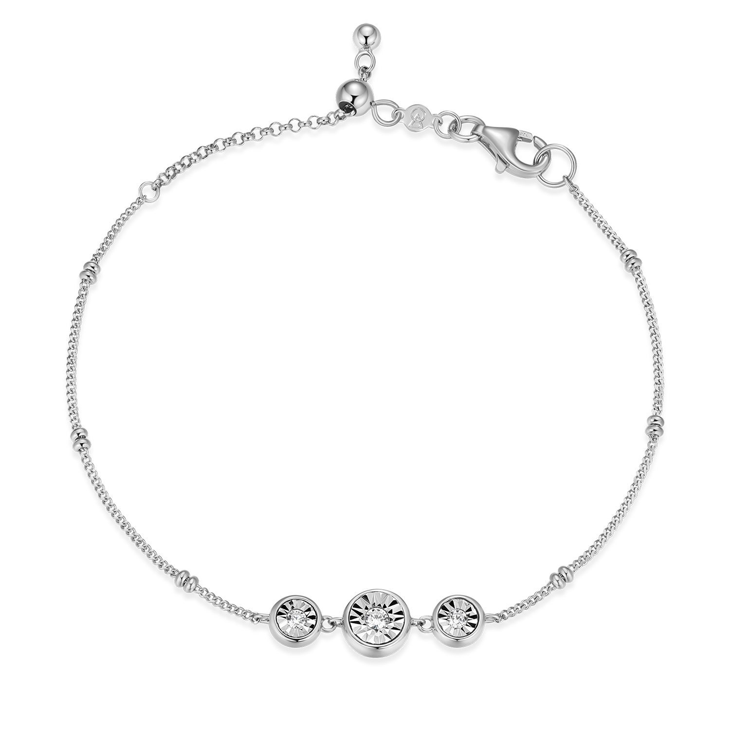 BB0219W - Trio Bezel-Set Lab-Created Diamond Beaded Bolo Bracelet in Rhodium-Plated Sterling Silver