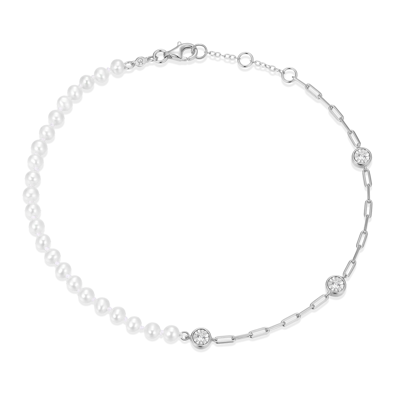 BA0235W - Freshwater Baby Pearl & Lab-Created Diamond Station Paperclip Anklet in Rhodium-Plated Sterling Silver