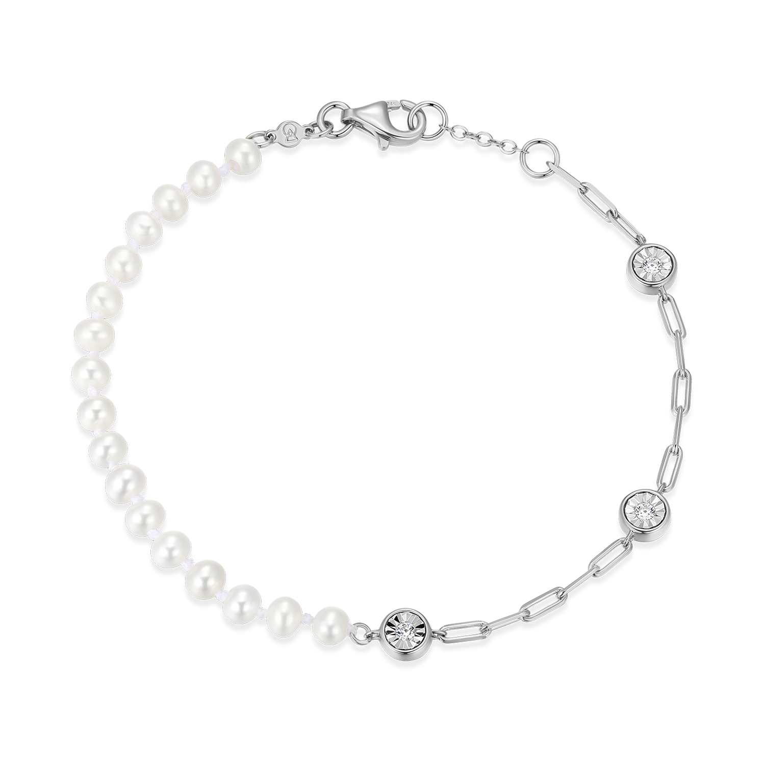 BB0235W - Freshwater Baby Pearl & Lab-Created Diamond Station Paperclip Bracelet in Rhodium-Plated Sterling Silver