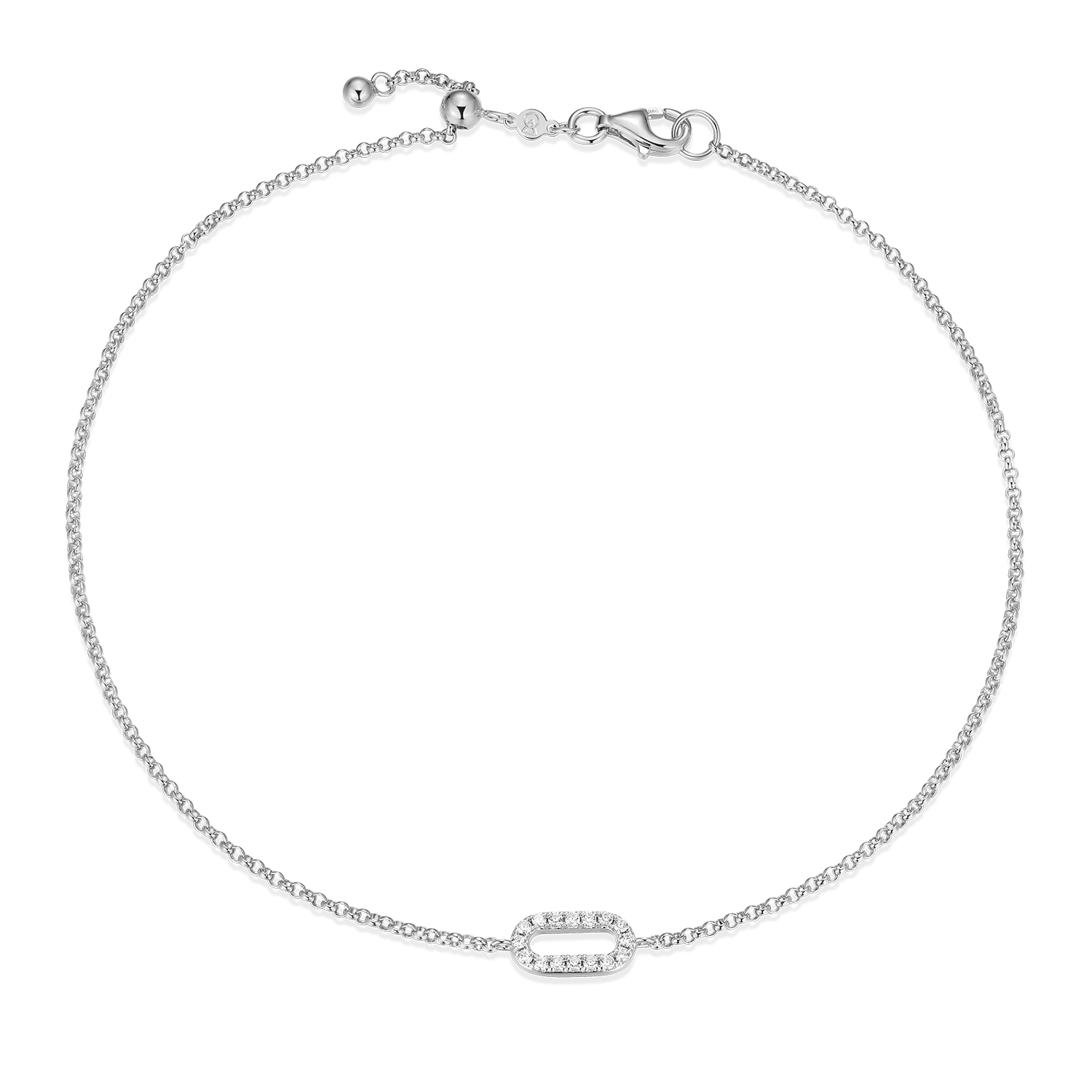 BA0237W - Mini Paperclip Pendant Lab-Created Diamond Bolo Anklet in Rhodium-Plated Sterling Silver