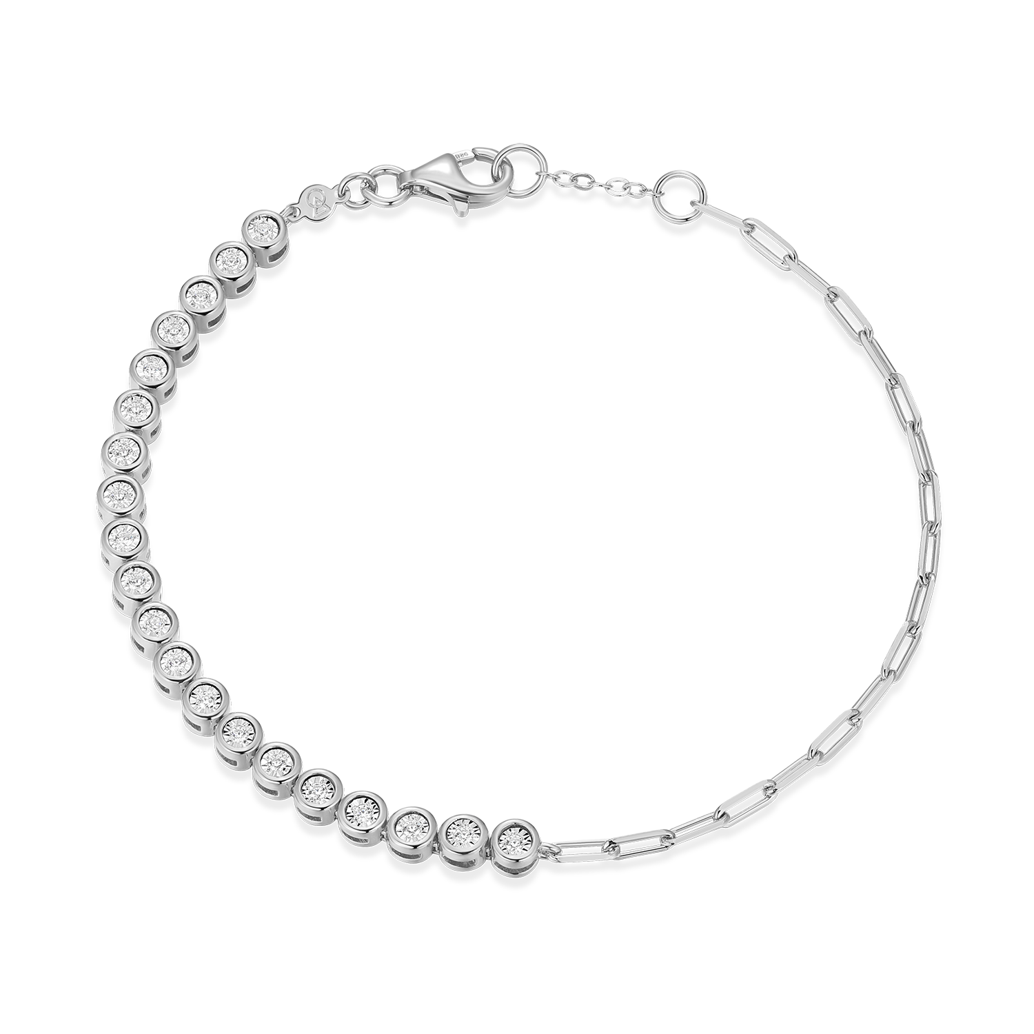 BB0239W - Mini Paperclip Chain & Bezel-Set Lab-Created Diamond Bracelet in Rhodium-Plated Sterling Silver