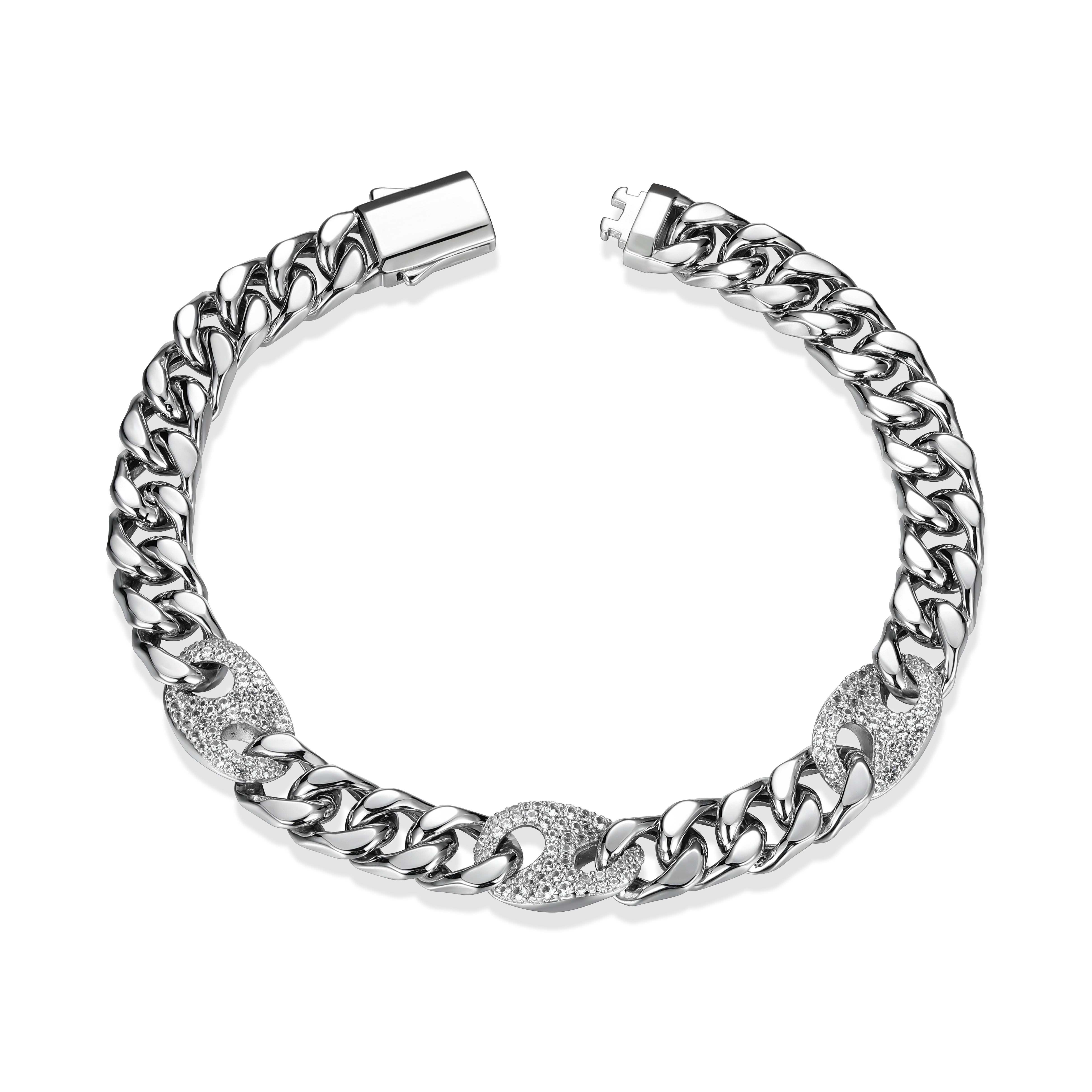 UB0080 - Links Lab - Created White Sapphire Mariner Station Cuban Chain Bracelet in Rhodium - Plated Sterling Silver