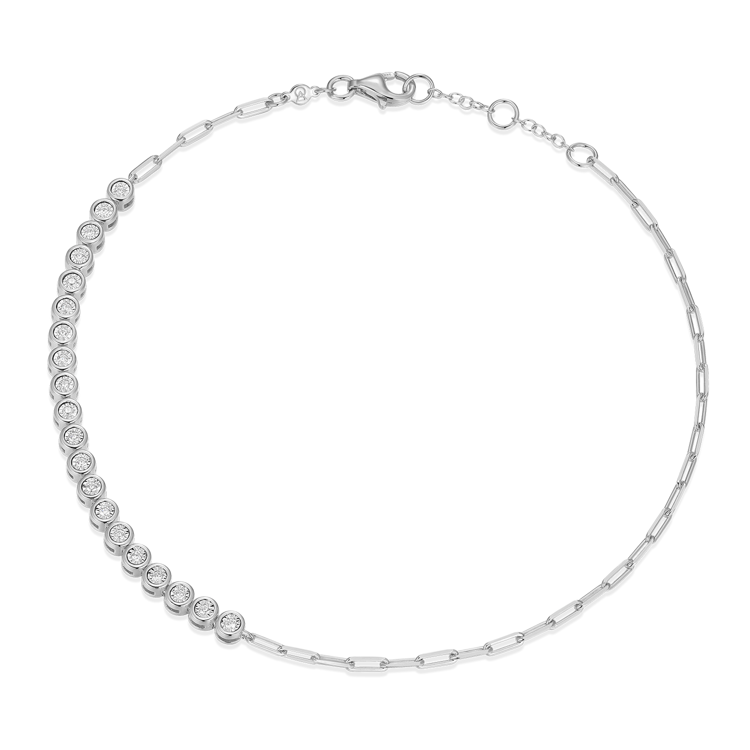 BA0239W - Mini Paperclip Chain & Bezel-Set Lab-Created Diamond Anklet in Rhodium-Plated Sterling Silver