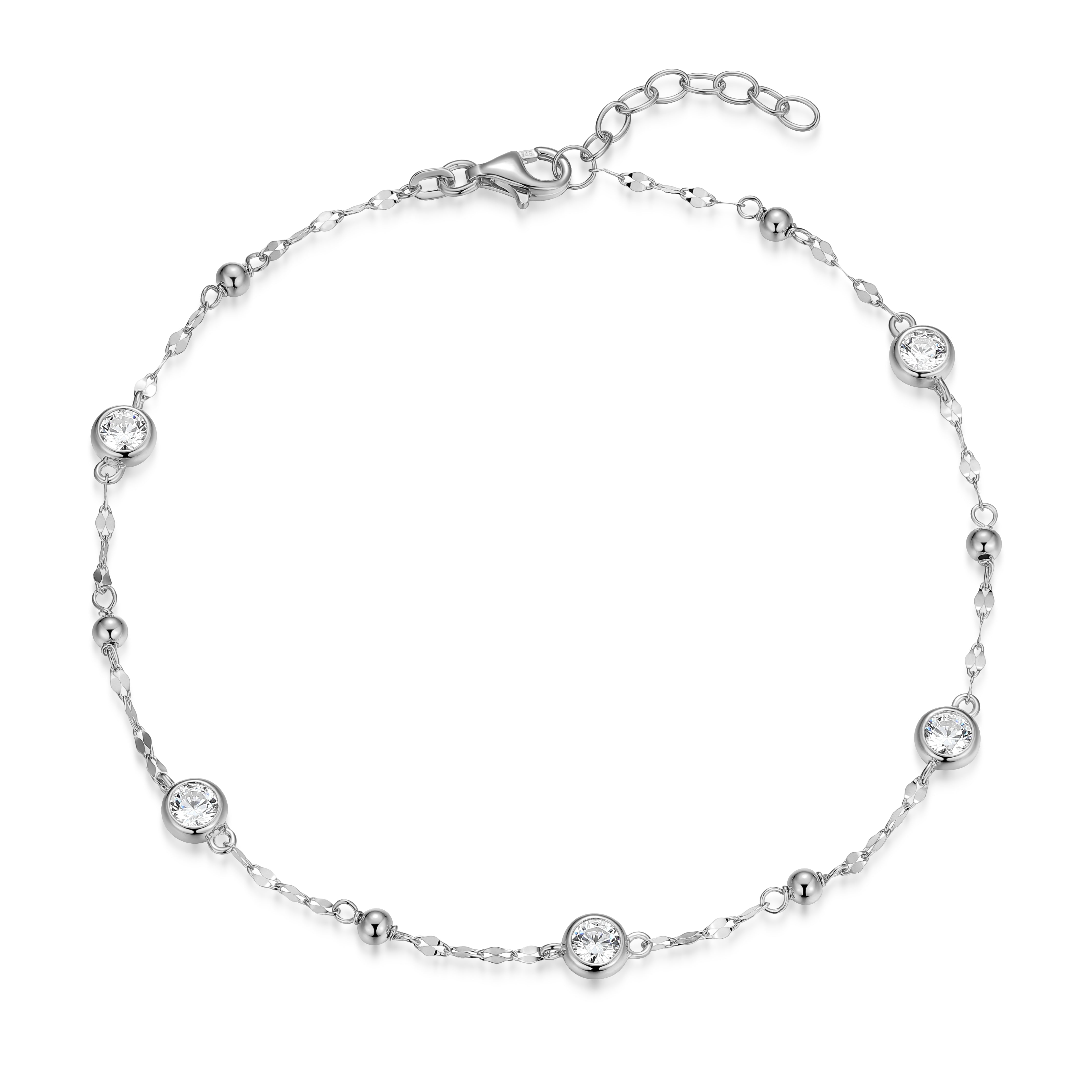 RB0196W - Bezel Set CZ Stations Beaded Chain Anklet