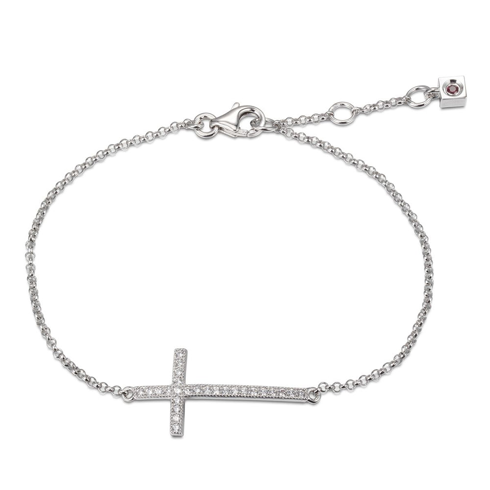 Sterling Silver "Humanity" Bracelet With Cz, Measures 7" Long, Plus 1" Extender For Adjustable Length, Rhodium Plated