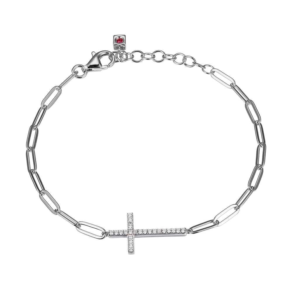 Sterling Silver Bracelet Made Of Paperclip Chain (3Mm) And Cz Cross In Center, Measures 6.5" Long, Plus 1.25" Extender For Adjustable Length, Rhodium Plated