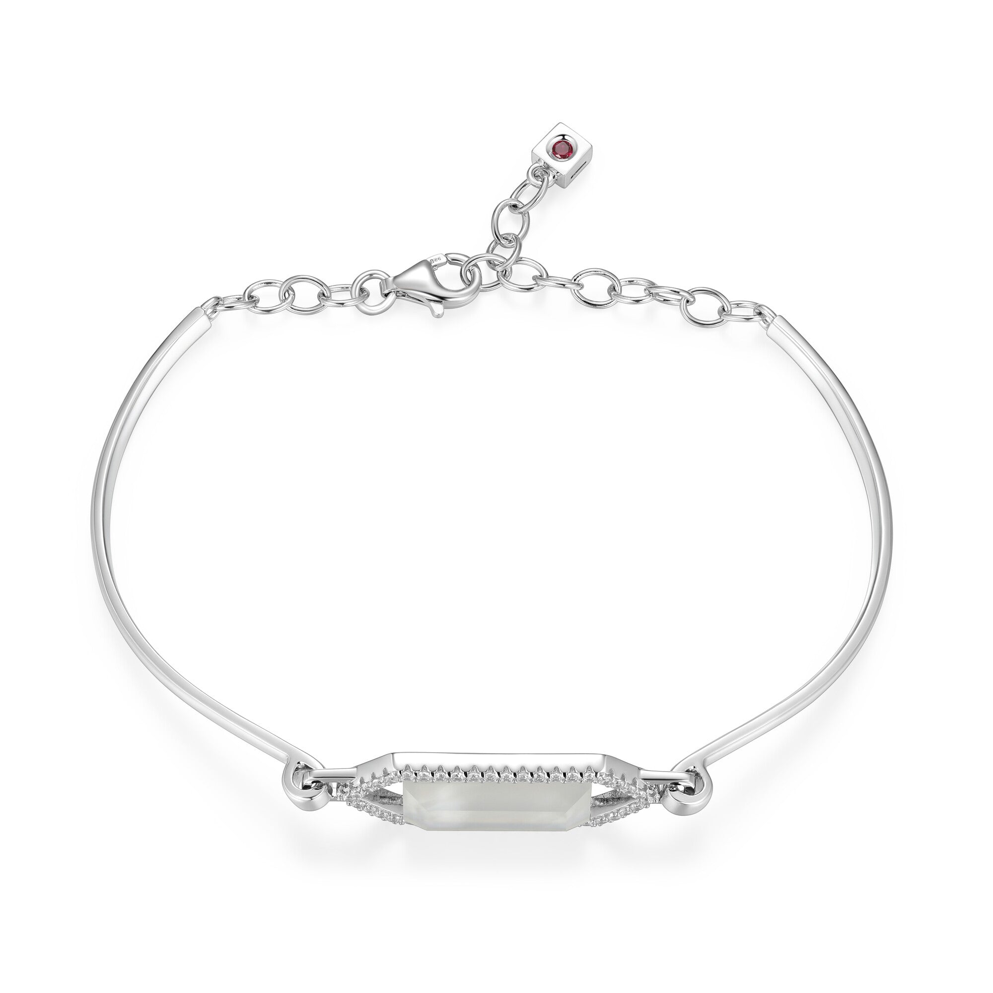 Sterling Silver Elle "fancy" Rhodium Plated Bracelet G Stone Doublet(white Crystal+white Mop) Sb 16x8mm &amp; Cubic Zirconia Rd Inside 60x50mm Extension 1.5"