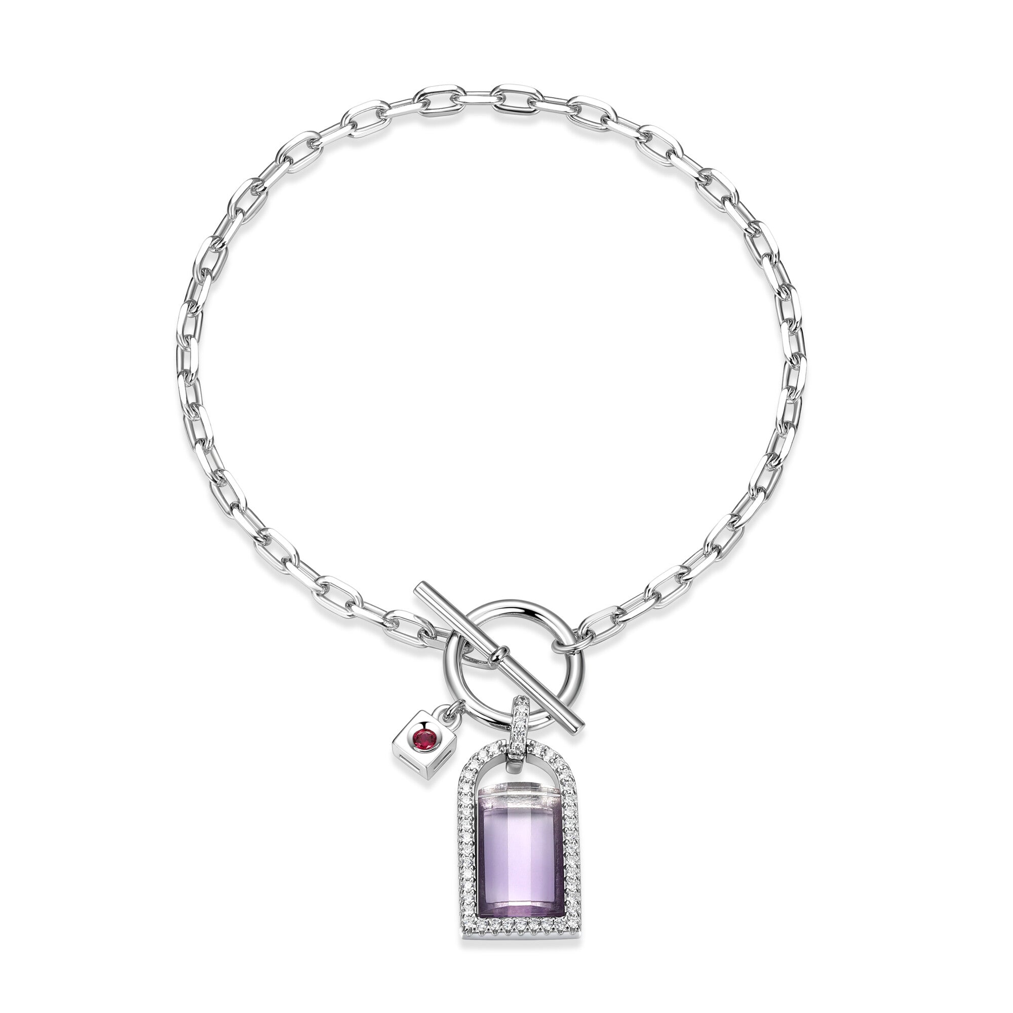 Sterling Silver Elle "fancy" Rhodium Plated Bracelet Genuine White Crystal+ Africa Amethyst Sb 11x7x3mm &amp; Cubic Zirconia Rd 2.3*5.0mm Crossed Diamond Cut Cable Chain Ingirth 6.5"