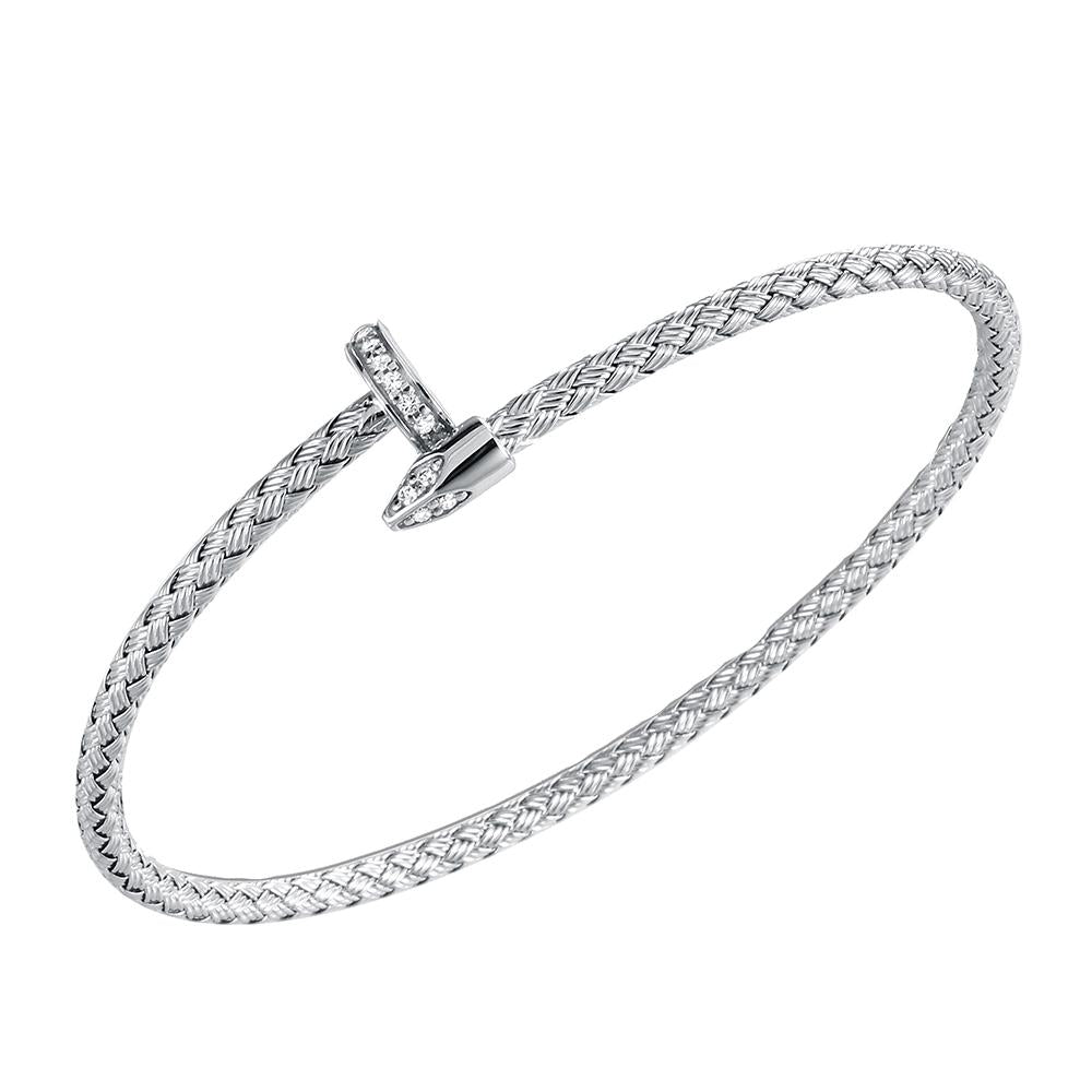 Sterling Silver 3Mm Mesh Cuff With Cz, Rhodium Finish
