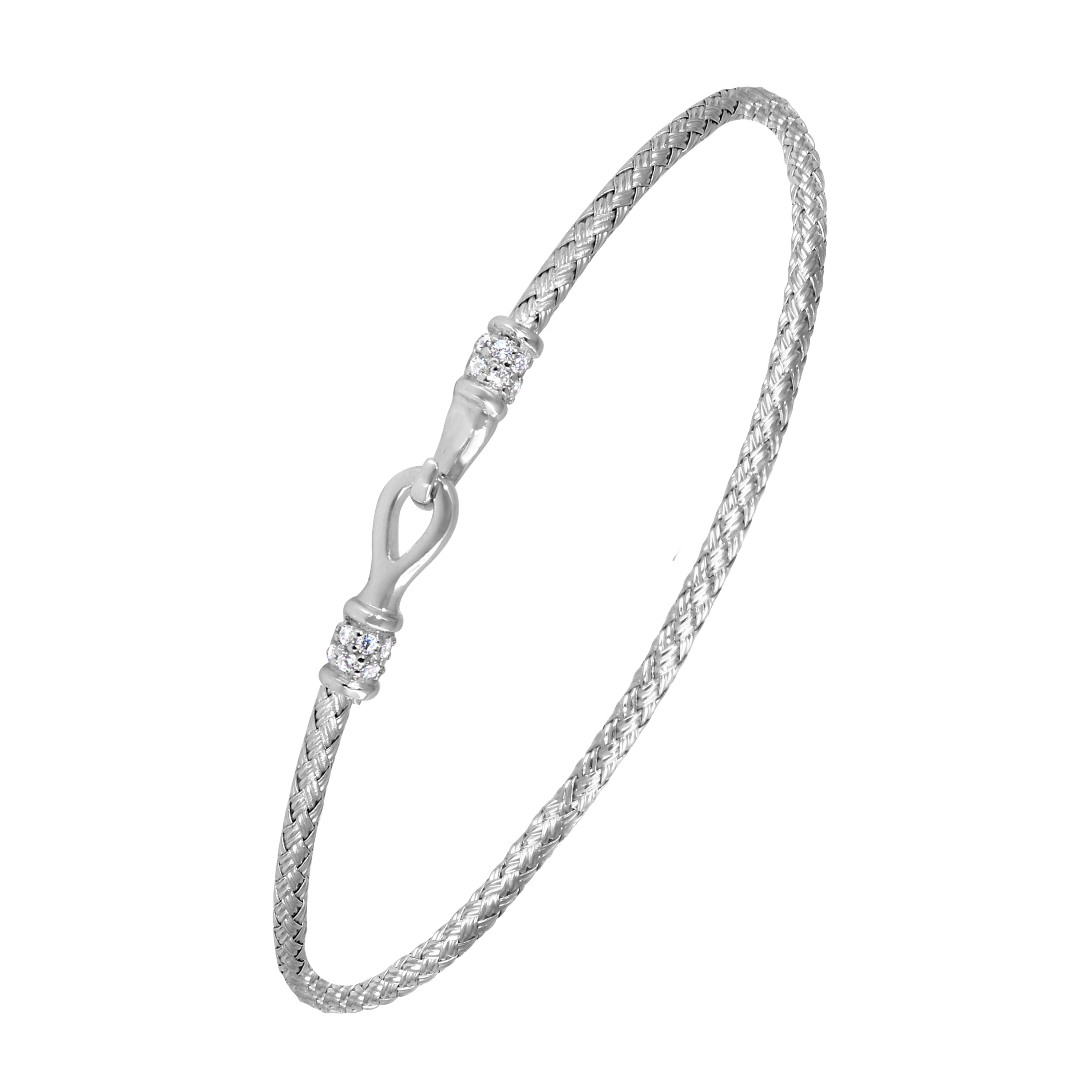 Sterling Silver 2Mm Mesh Bangle With Cz, Rhodium Finish