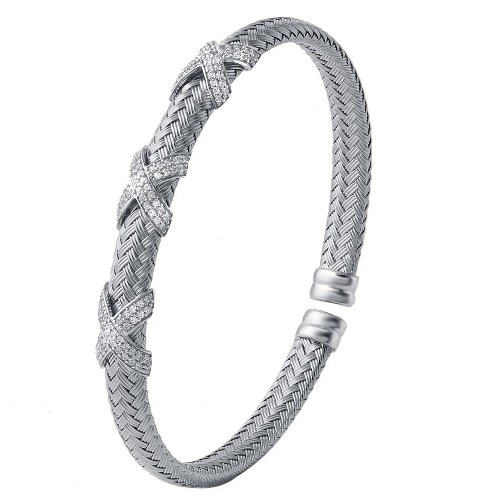 Sterling Silver 6Mm Mesh Cuff With Cz, Rhodium Finish