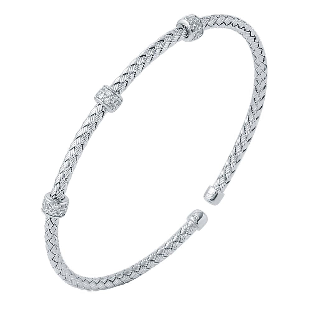 Sterling Silver 3Mm Mesh Cuff With Cz, Rhodium Finish
