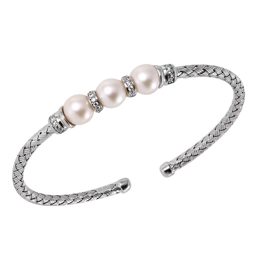 Sterling Silver 3Mm Mesh Cuff With Freshwater Pearl And Cz, Rhodium Finish