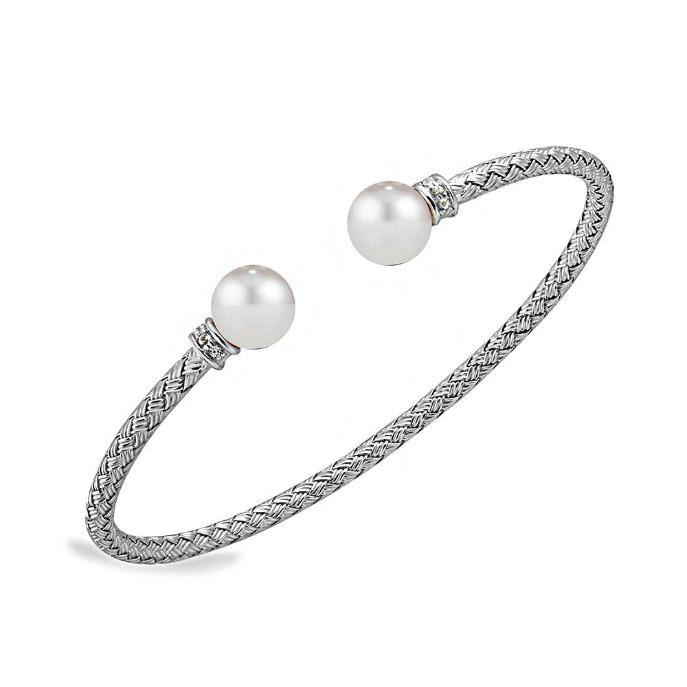 Sterling Silver 3Mm Mesh Cuff With Freshwater Pearl And Cz, Rhodium Finish