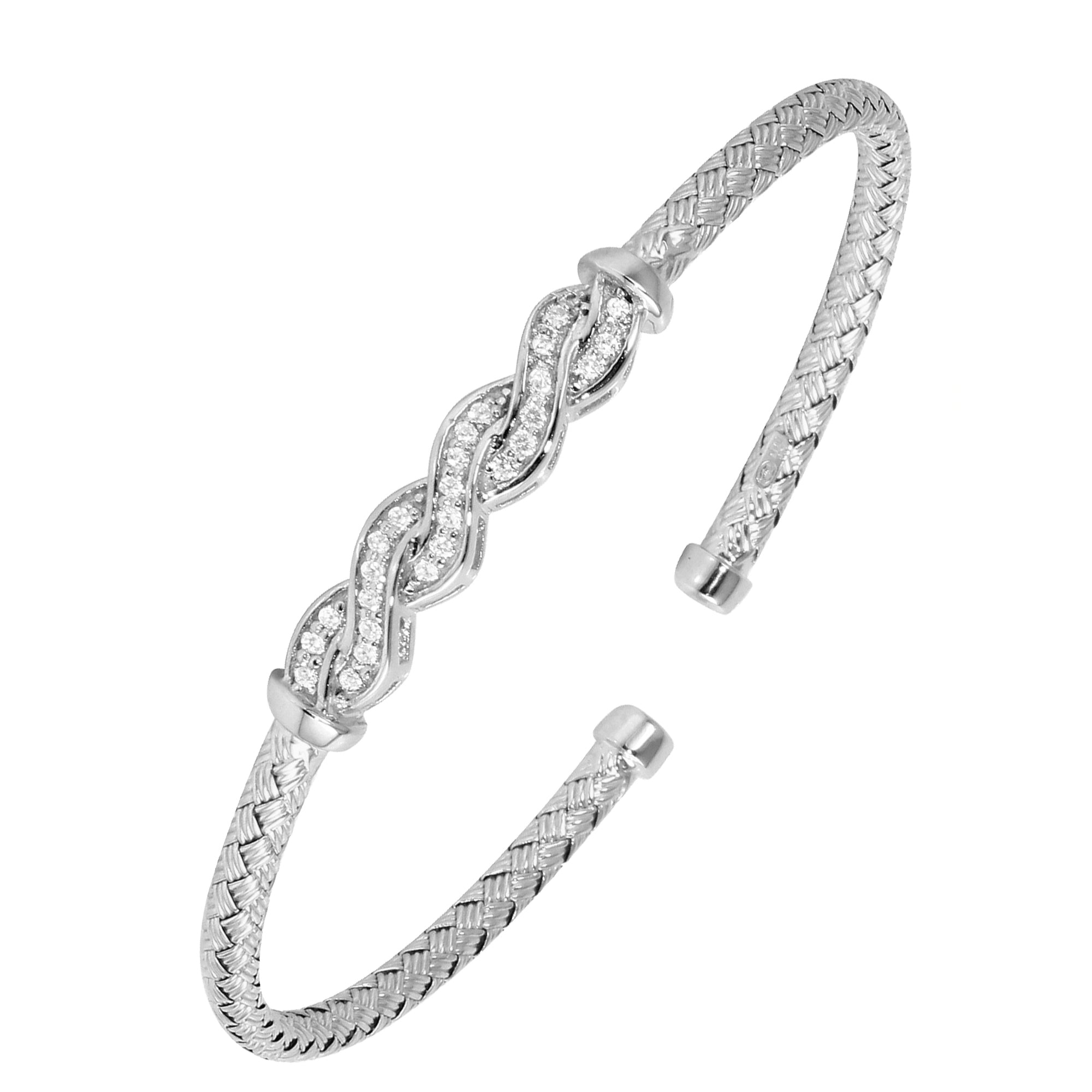 Sterling Silver 3Mm Mesh Cuff With Cz, Rhodium Finish
