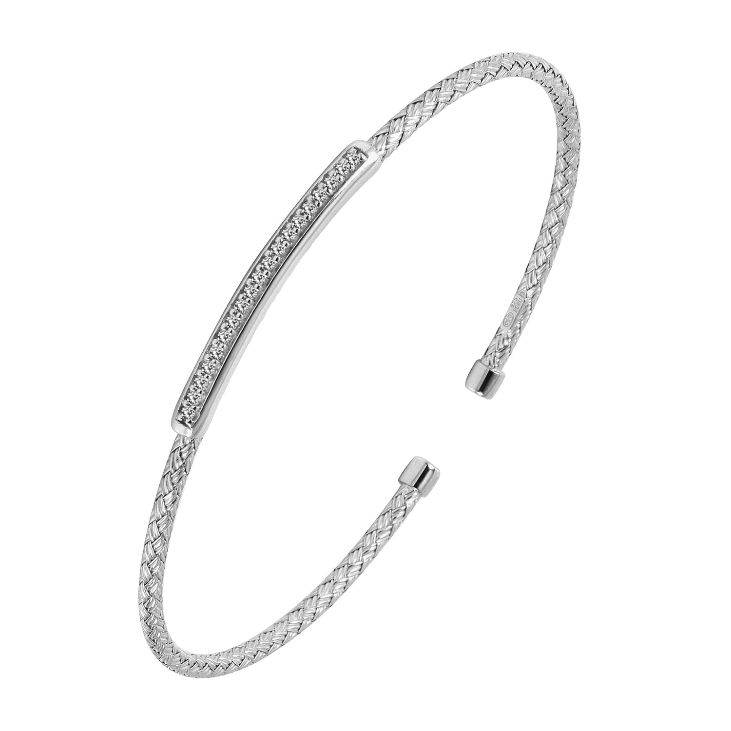 Sterling Silver 2Mm Mesh Cuff With Cz, Rhodium Finish