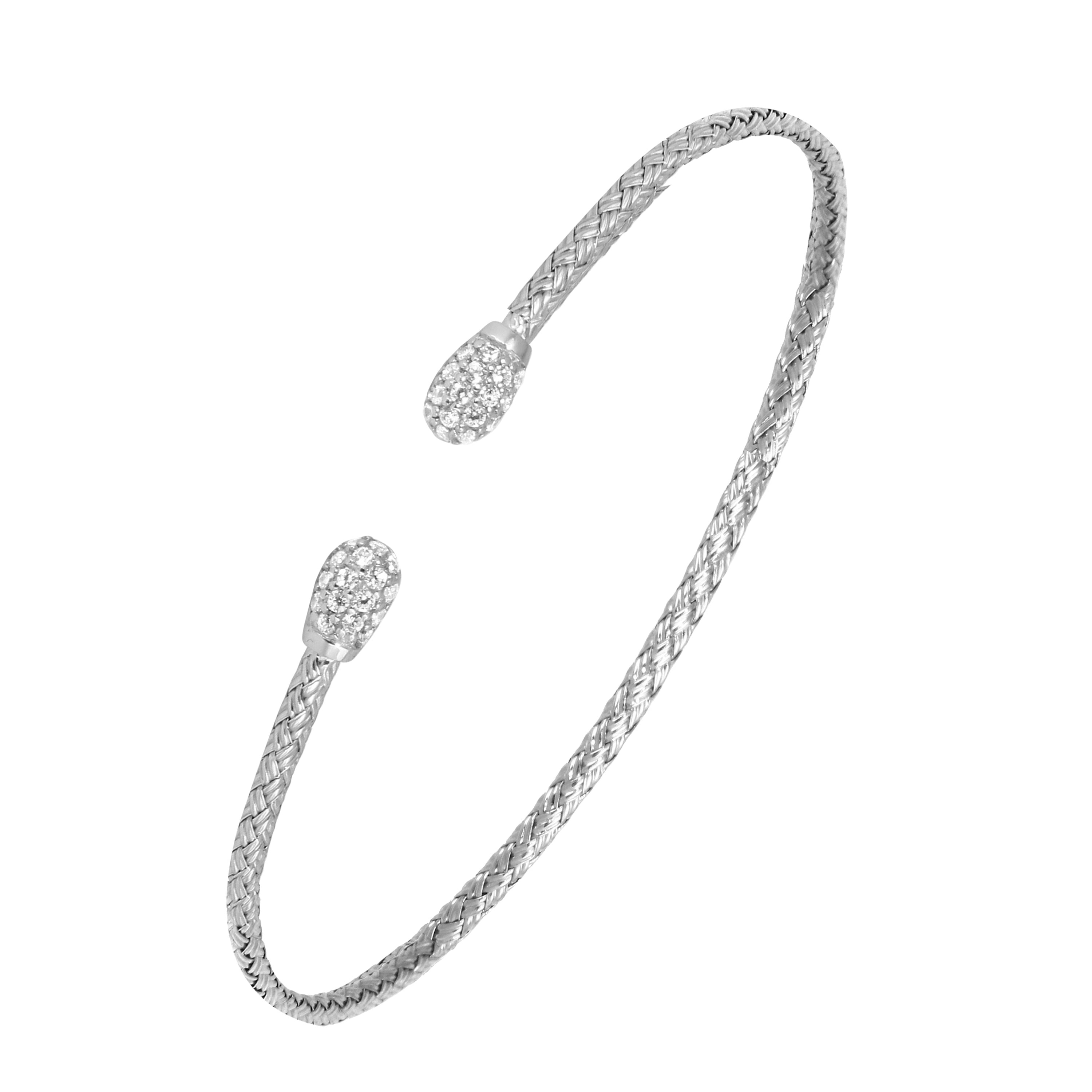 Sterling Silver 2Mm Mesh Cuff With Cz, Rhodium Finish