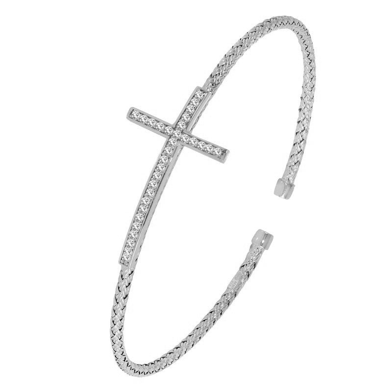 Sterling Silver 2Mm Mesh Cuff With Cz, Rhodium Finish