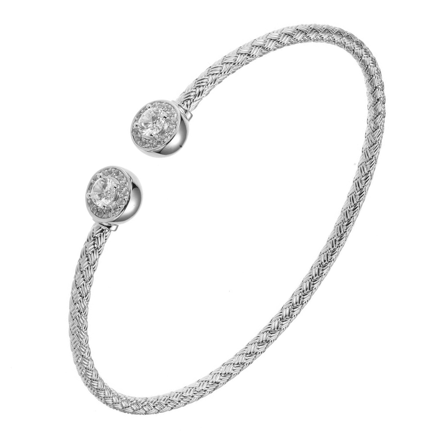 Sterling Silver 3Mm Mesh Cuff With Cz, Rhodium Finish