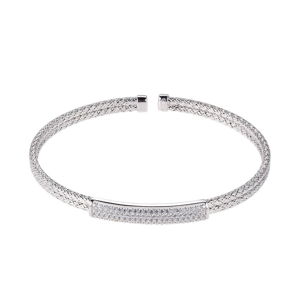 Sterling Silver Double 2Mm Mesh Cuff With Cz, Rhodium Finish